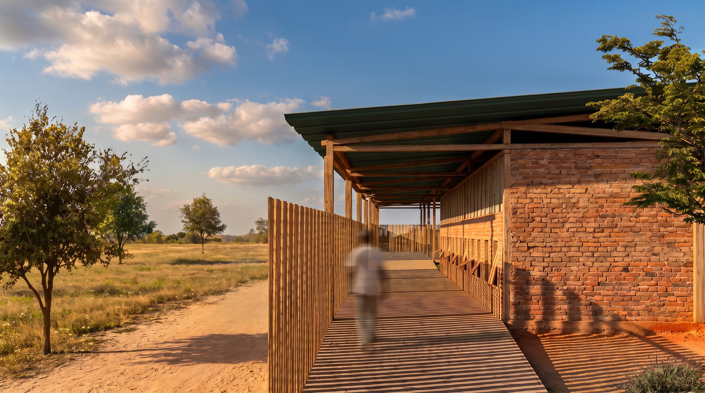 The covered walkway between the earth-block classroom wall and the slatted timber screen, late afternoon sun striping the deck, one blurred figure walking.