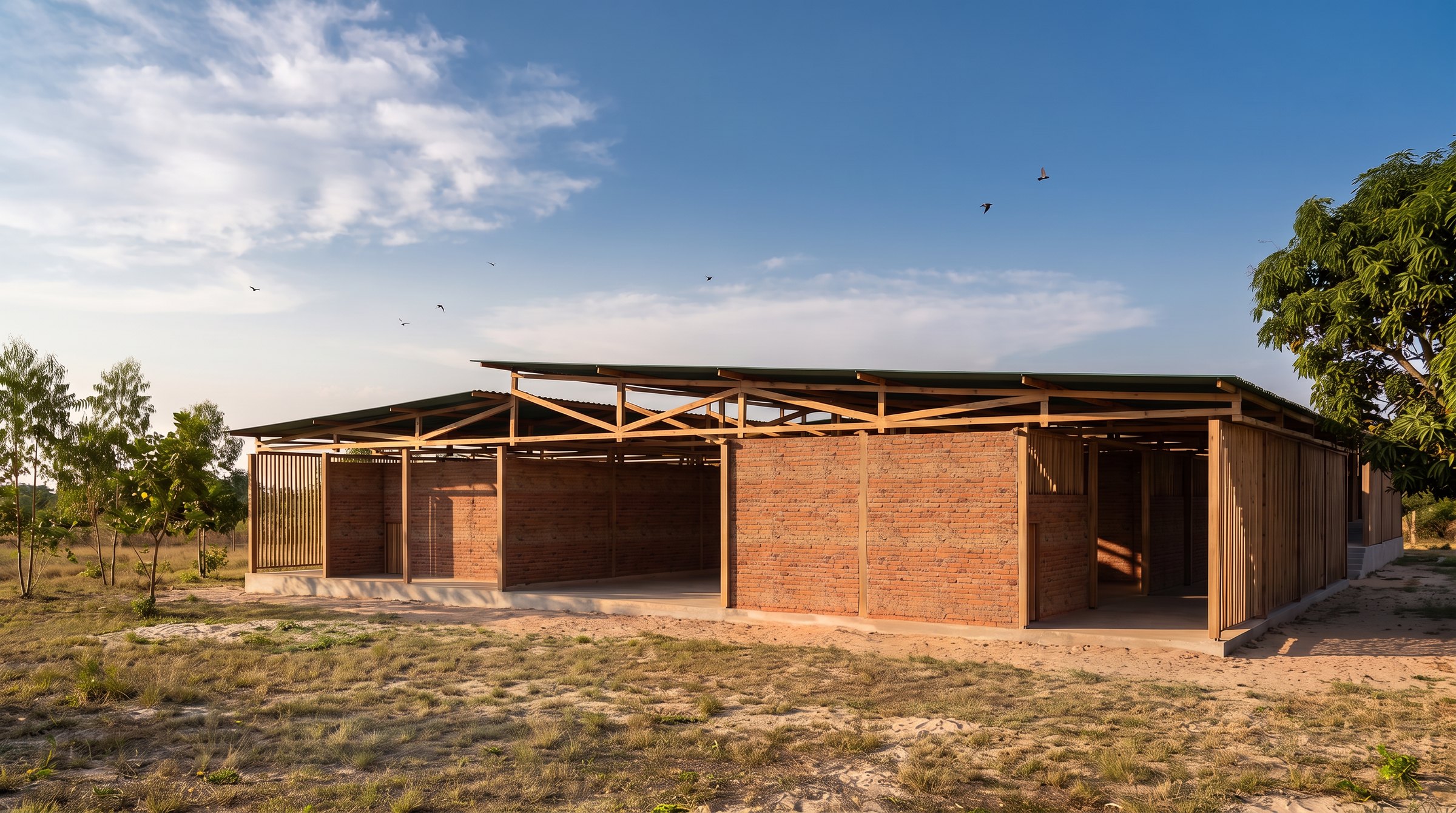 The school seen from the dry field: earth-block volumes and open bays under exposed timber trusses and a corrugated metal roof.