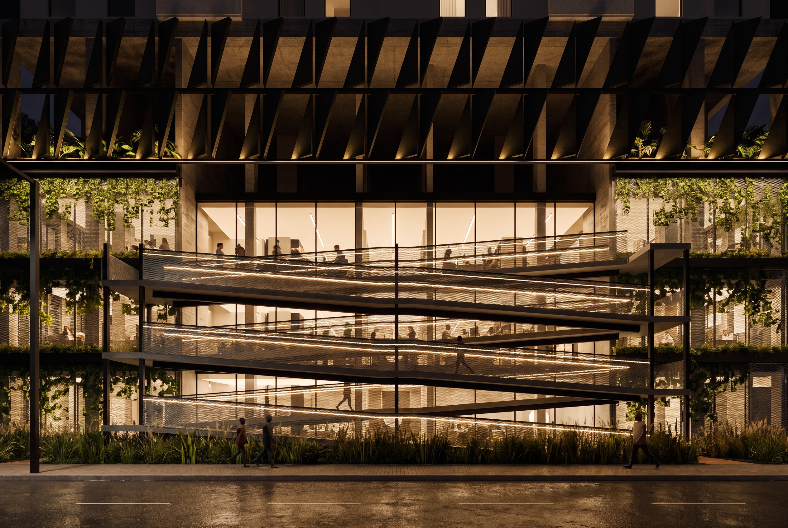 The street face at night, straight on: six ramp flights zigzag across the lit coworking, climbers on the mesh screens of the wings, the planted brise band dark under the tower
