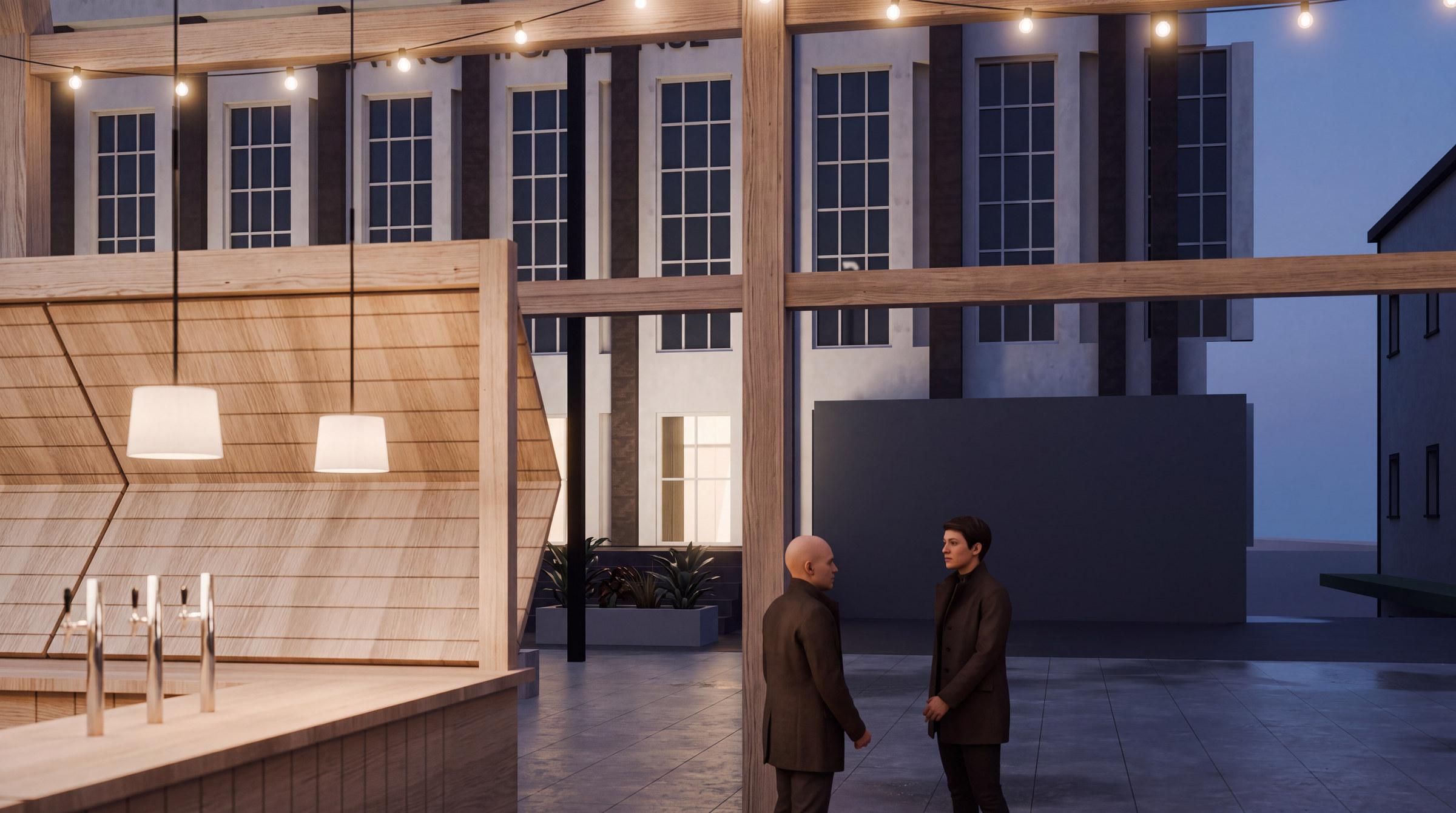 From inside the pavilion, the timber frames frame the facade of the Teatro Micaelense.