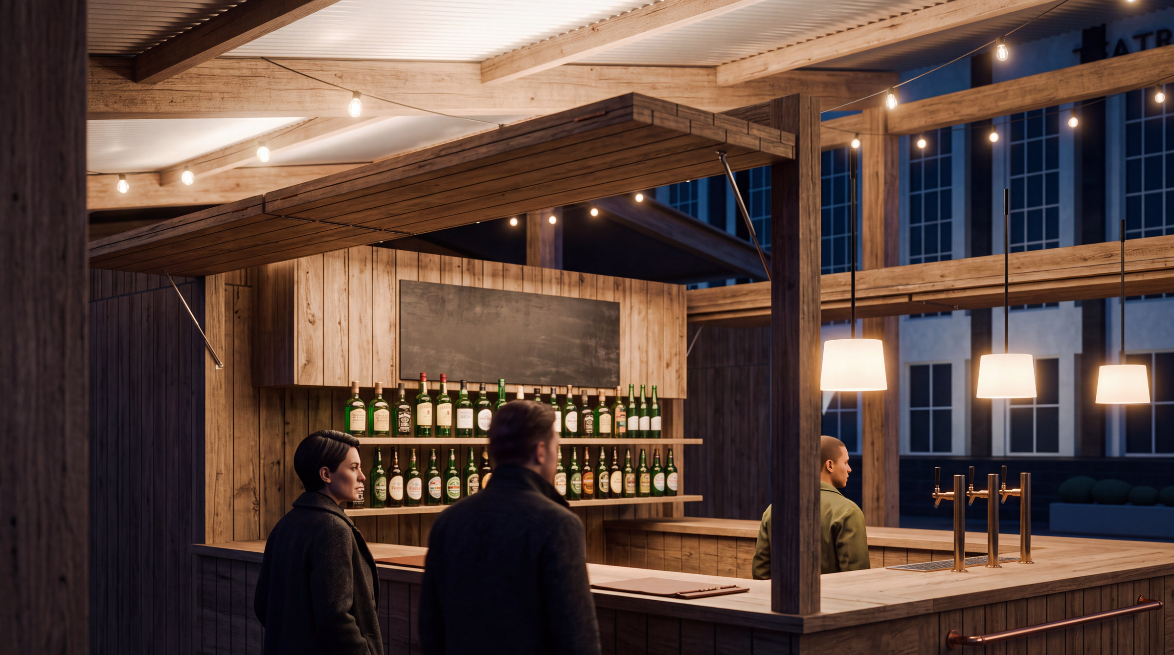 The bar counter with the window folded fully open into a horizontal canopy.