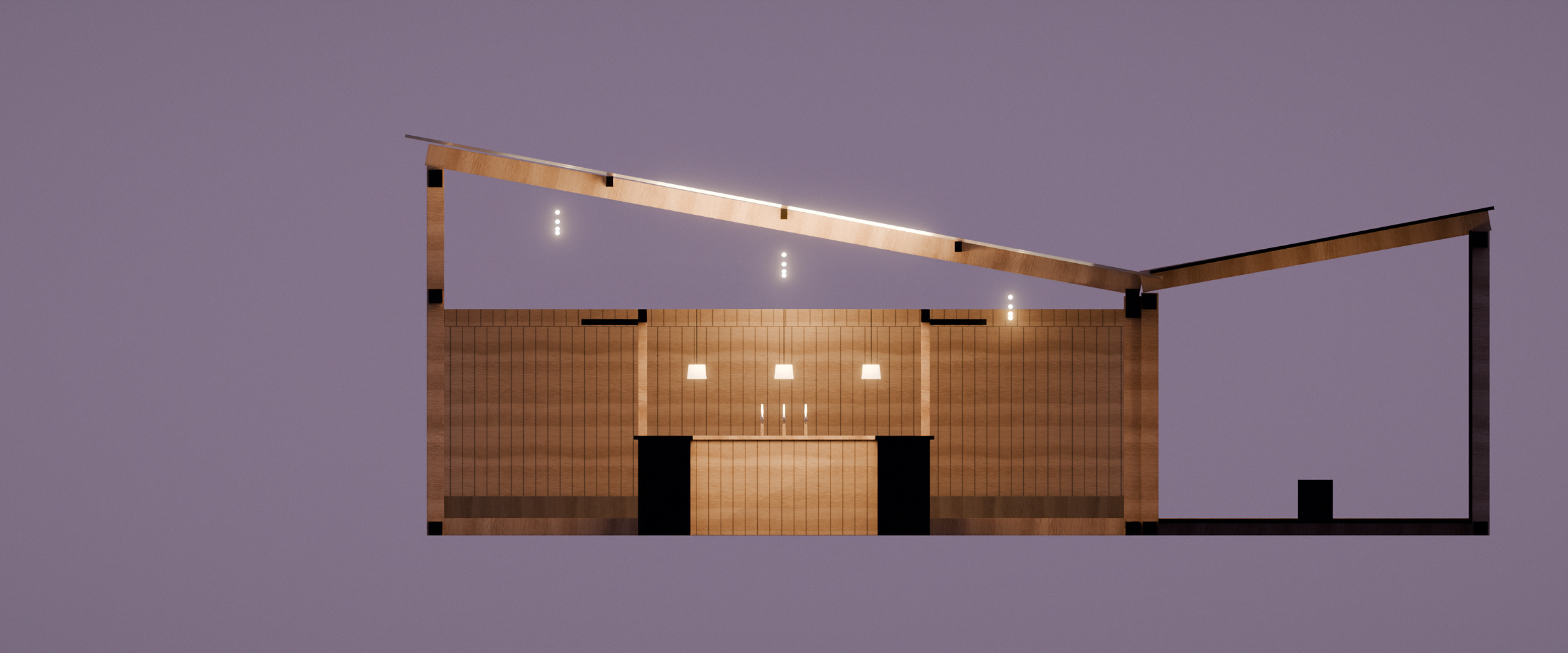 Rendered cross section AA with the bar cut open and lit.
