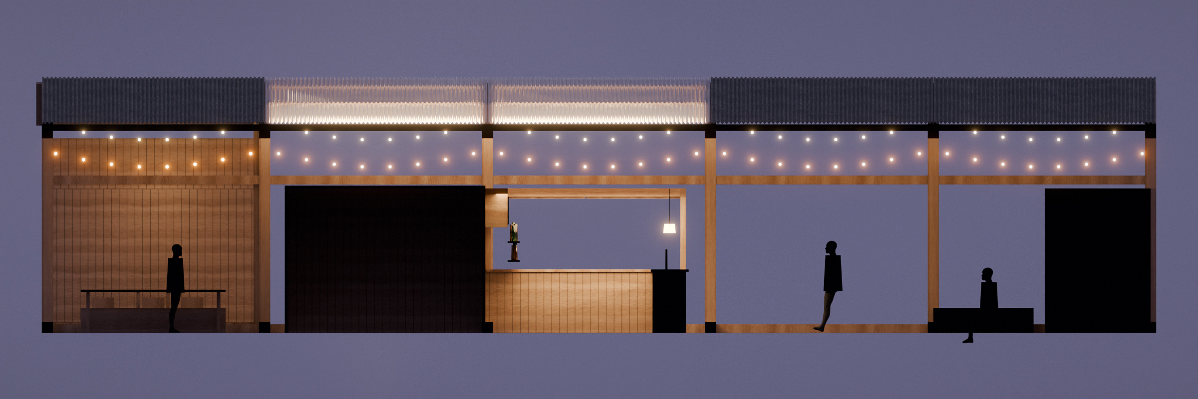 Rendered long section BB: canteen, kitchen, bar, meeting space, stage and technical strip.