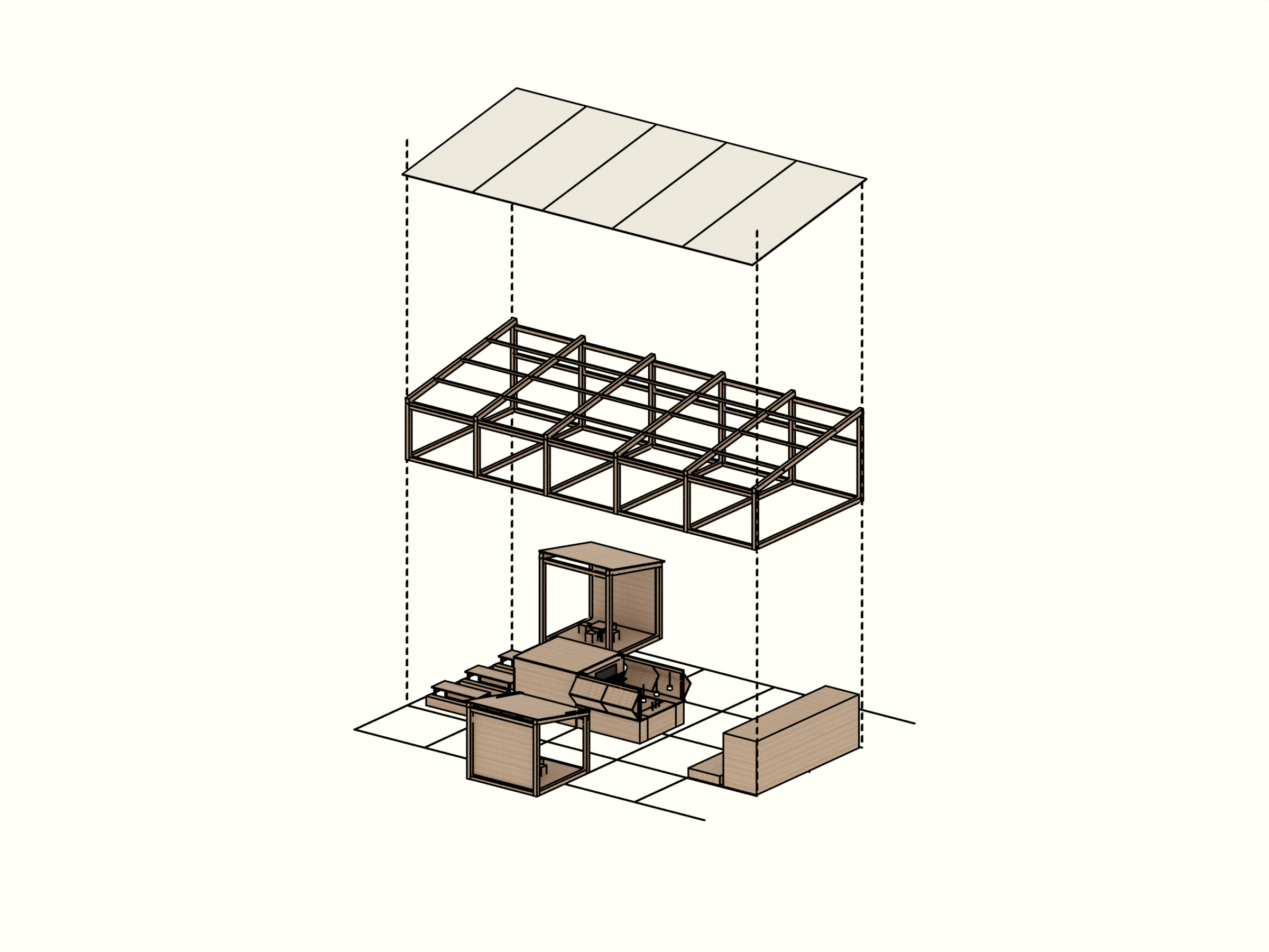 Exploded axonometric: roof, frames, bar core and the two blocks.