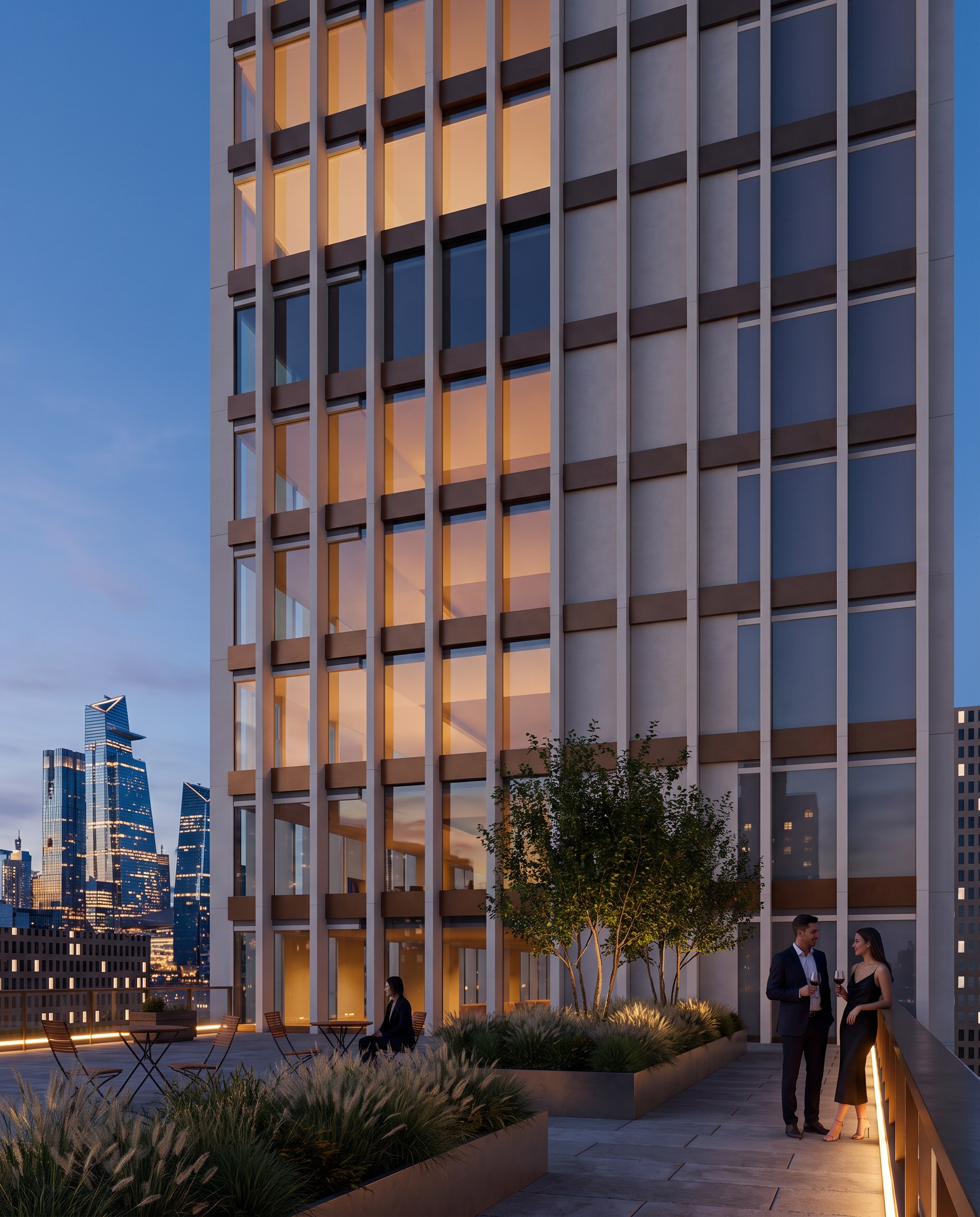 The roof terrace of the west wing on the 37th floor, with the fins of the main shaft rising alongside