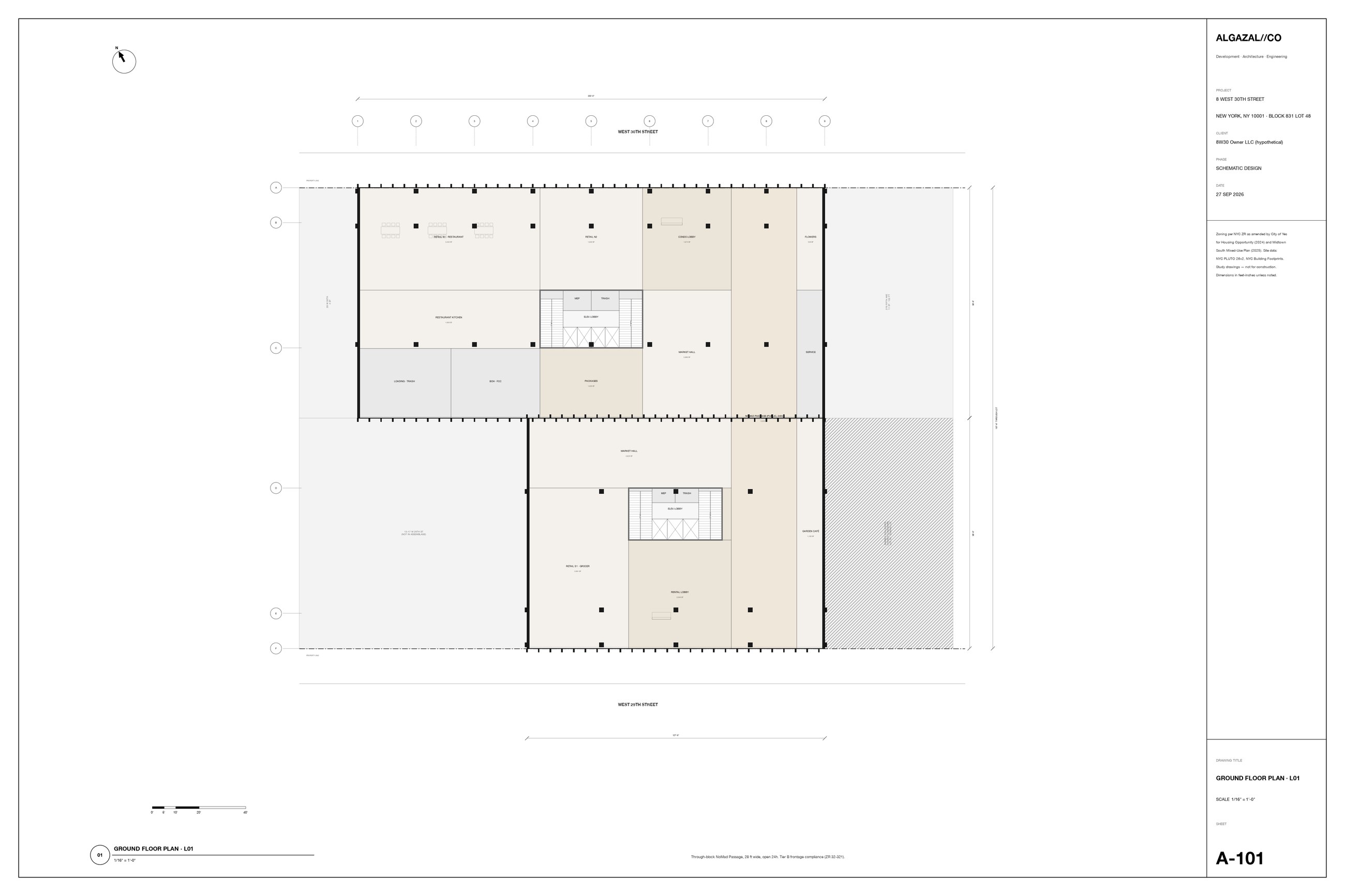 Ground floor plan with the public passage, market hall, lobbies and shops