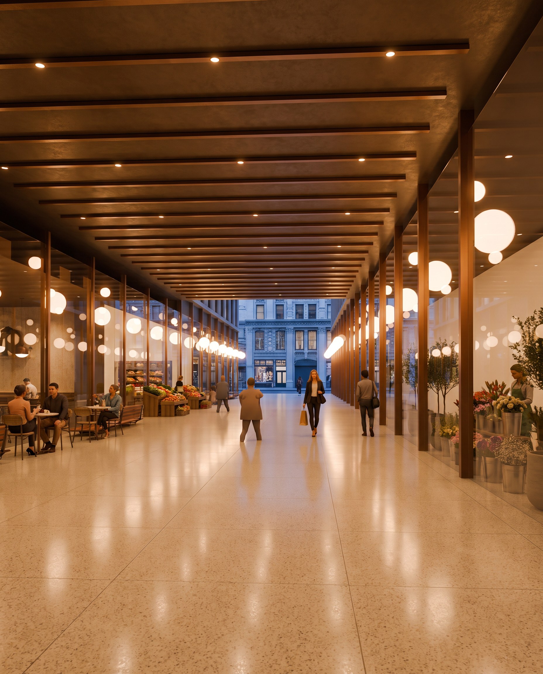 The public passage from West 30th to West 29th Street: terrazzo floor, bronze-slatted ceiling, café and florist