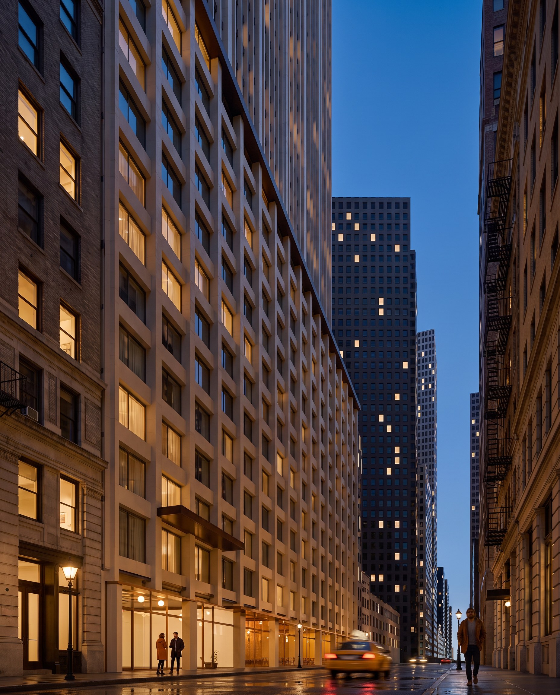West 30th Street at blue hour after rain: the terracotta base, bronze shopfronts and the tower rising above