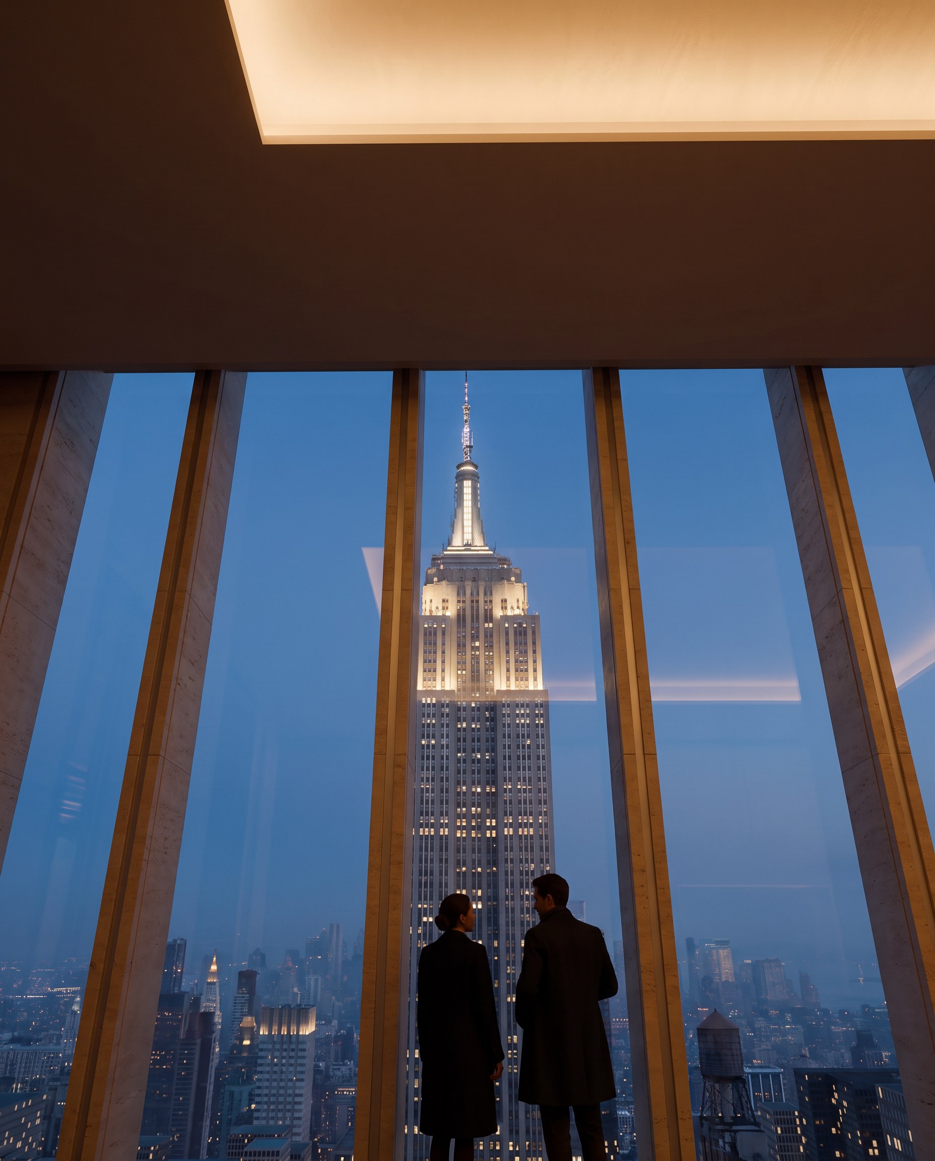 The double-height Sky Lounge on the 56th floor: the Empire State Building framed between the terracotta fins