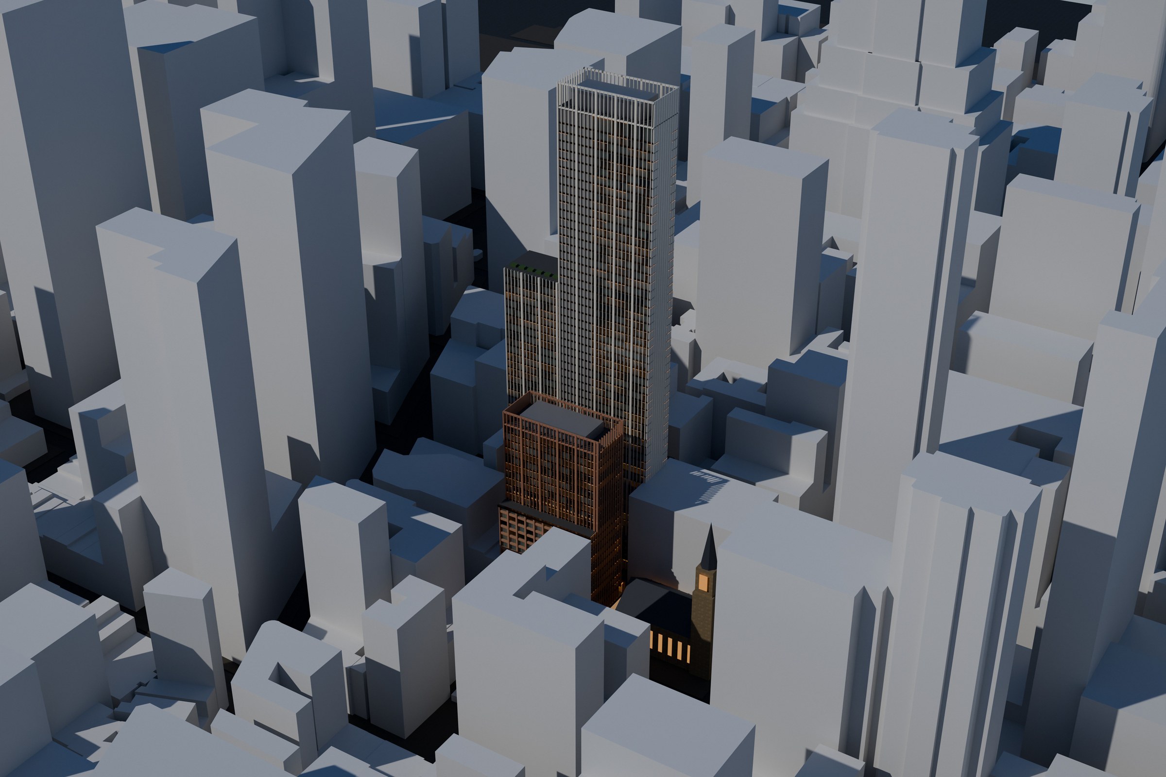 Explanatory aerial: the two towers and the church in a white model of the surrounding blocks