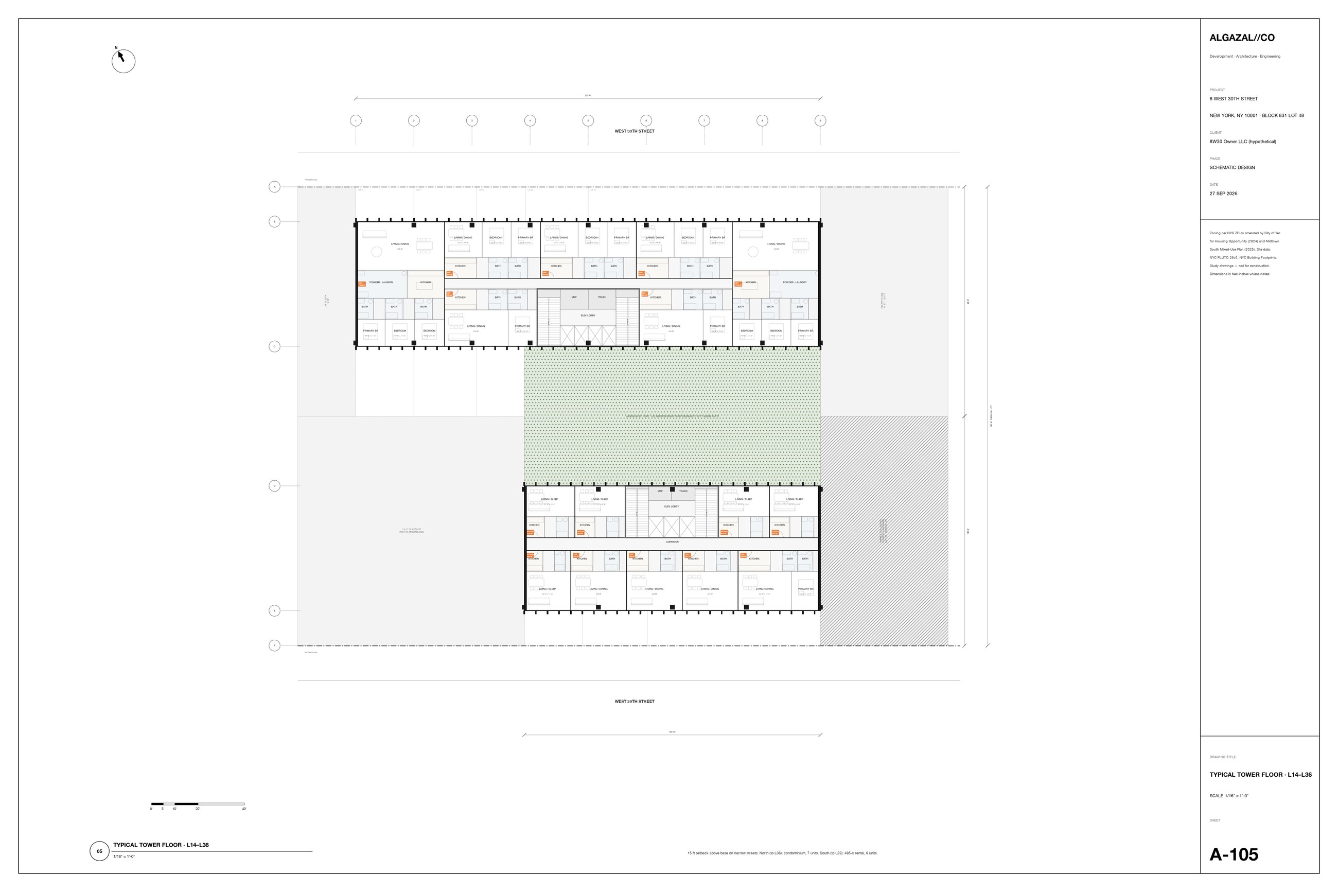 Typical tower floor: condominium homes to the north, rental apartments to the south