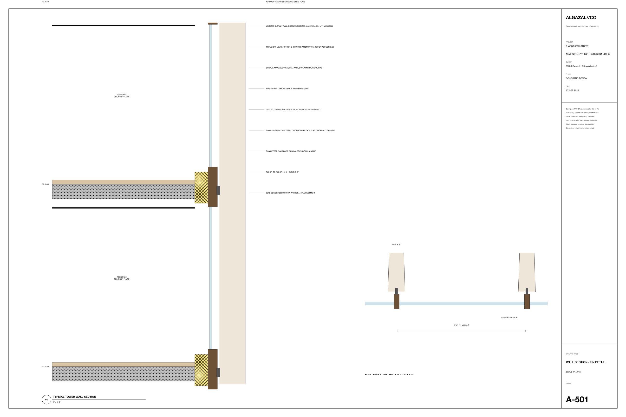 Wall section and plan detail of the glazed terracotta fin and bronze spandrel