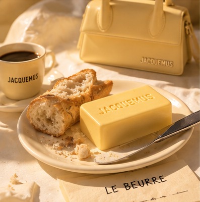 04. Le Beurre — baguette and a block of butter embossed JACQUEMUS, a bag behind