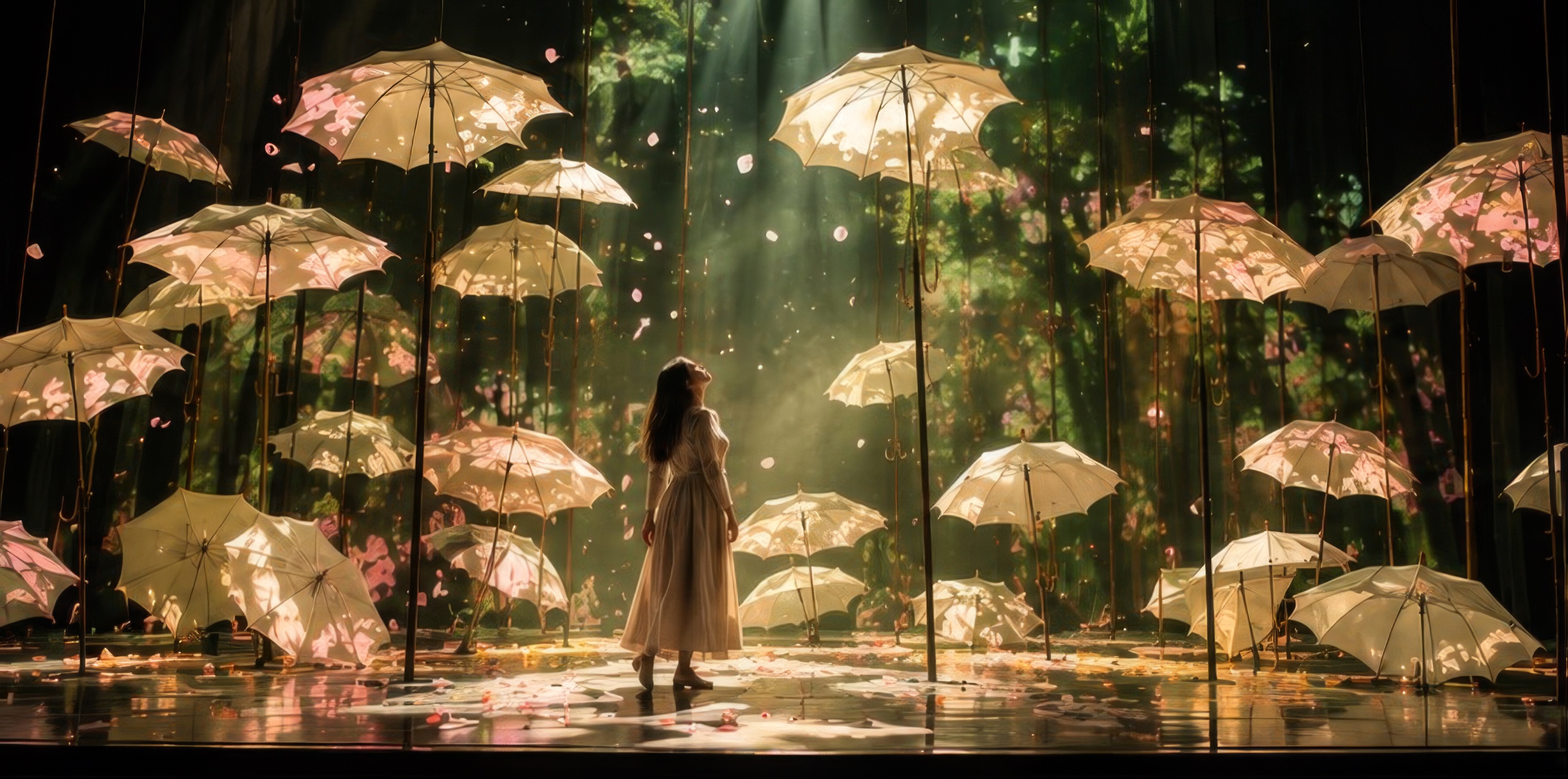 Act I, Spring — Bloom: umbrellas open at different heights like flowers rising from the floor