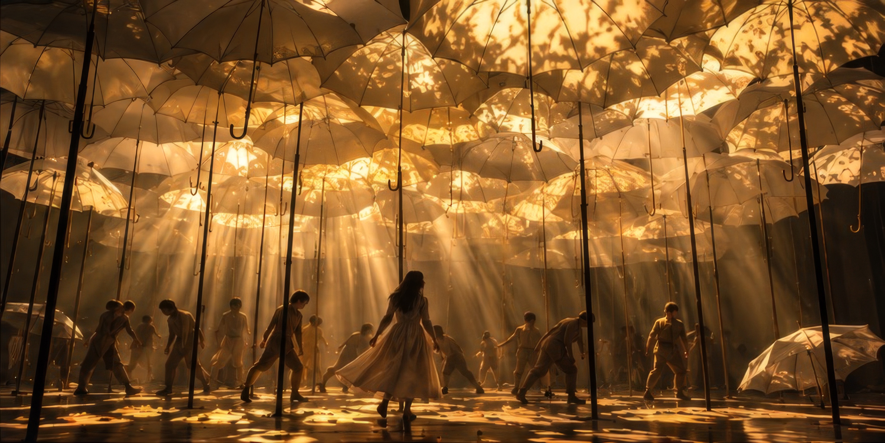 Act II, Summer — Canopy: the umbrellas form a low ceiling over the ensemble