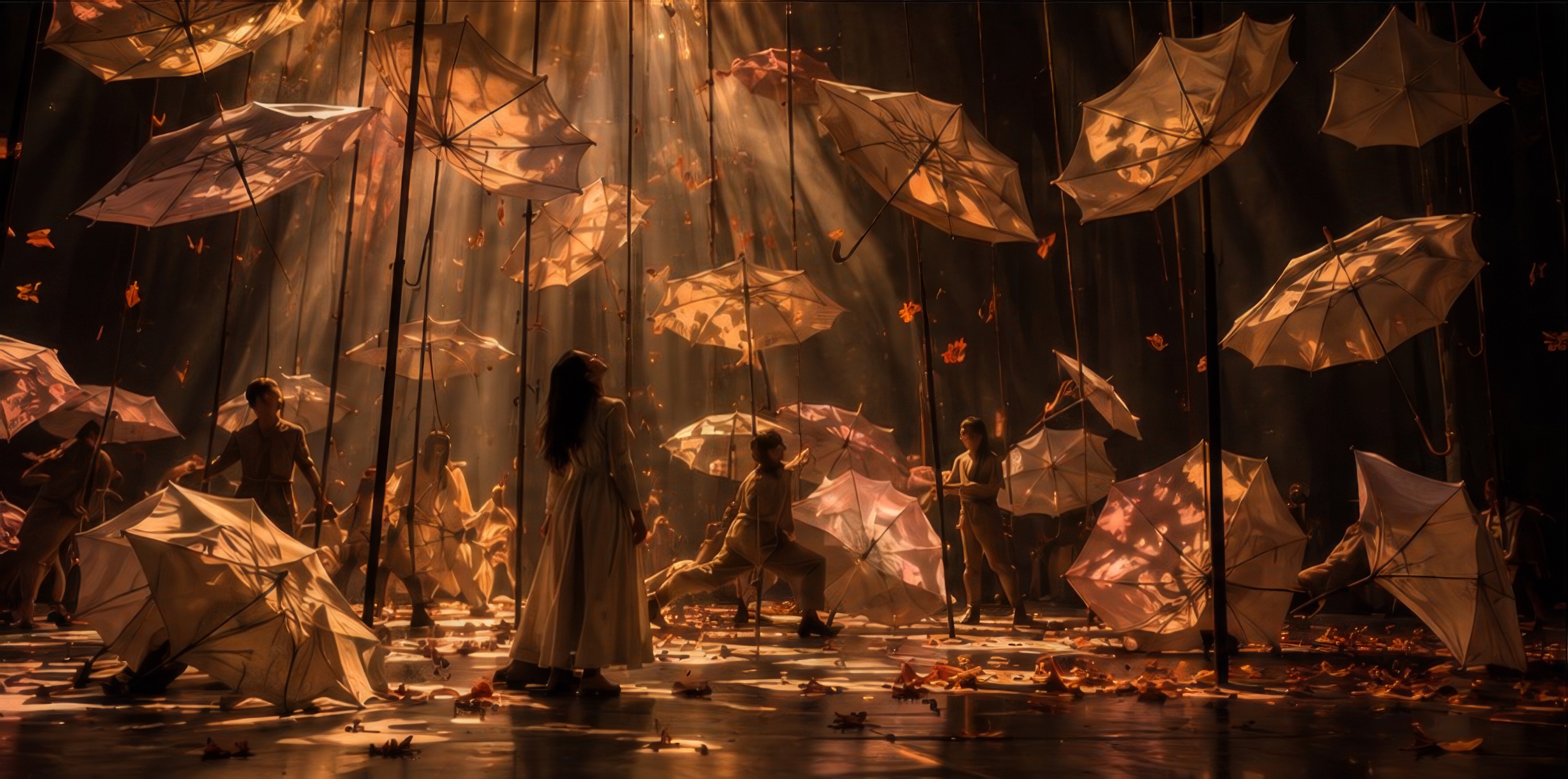 Act III, Autumn — Fall: umbrellas hang inside out at odd angles or lie on the floor