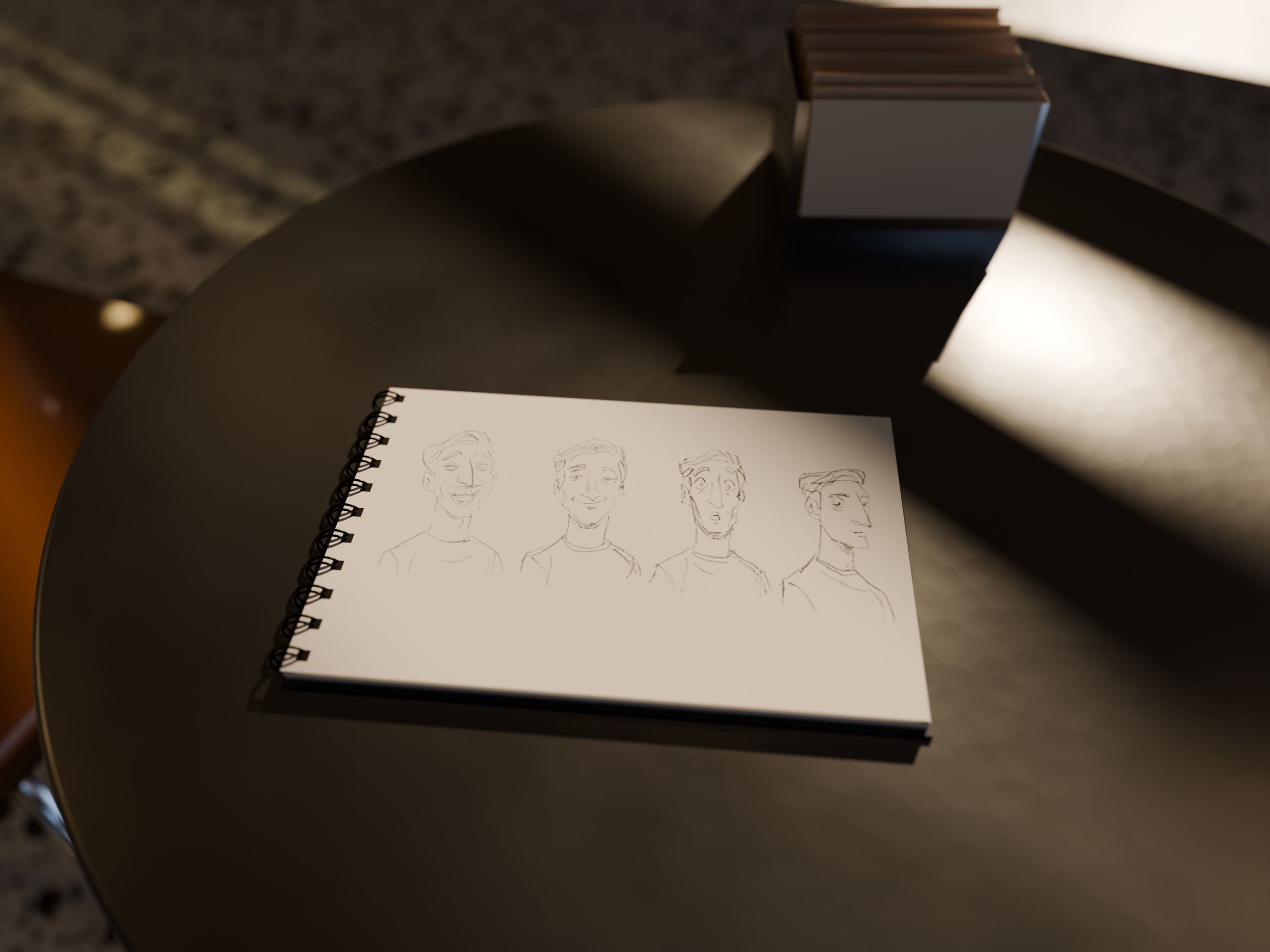 Teffi Traversi — pencil expression studies, four faces in a sketchbook on a café table
