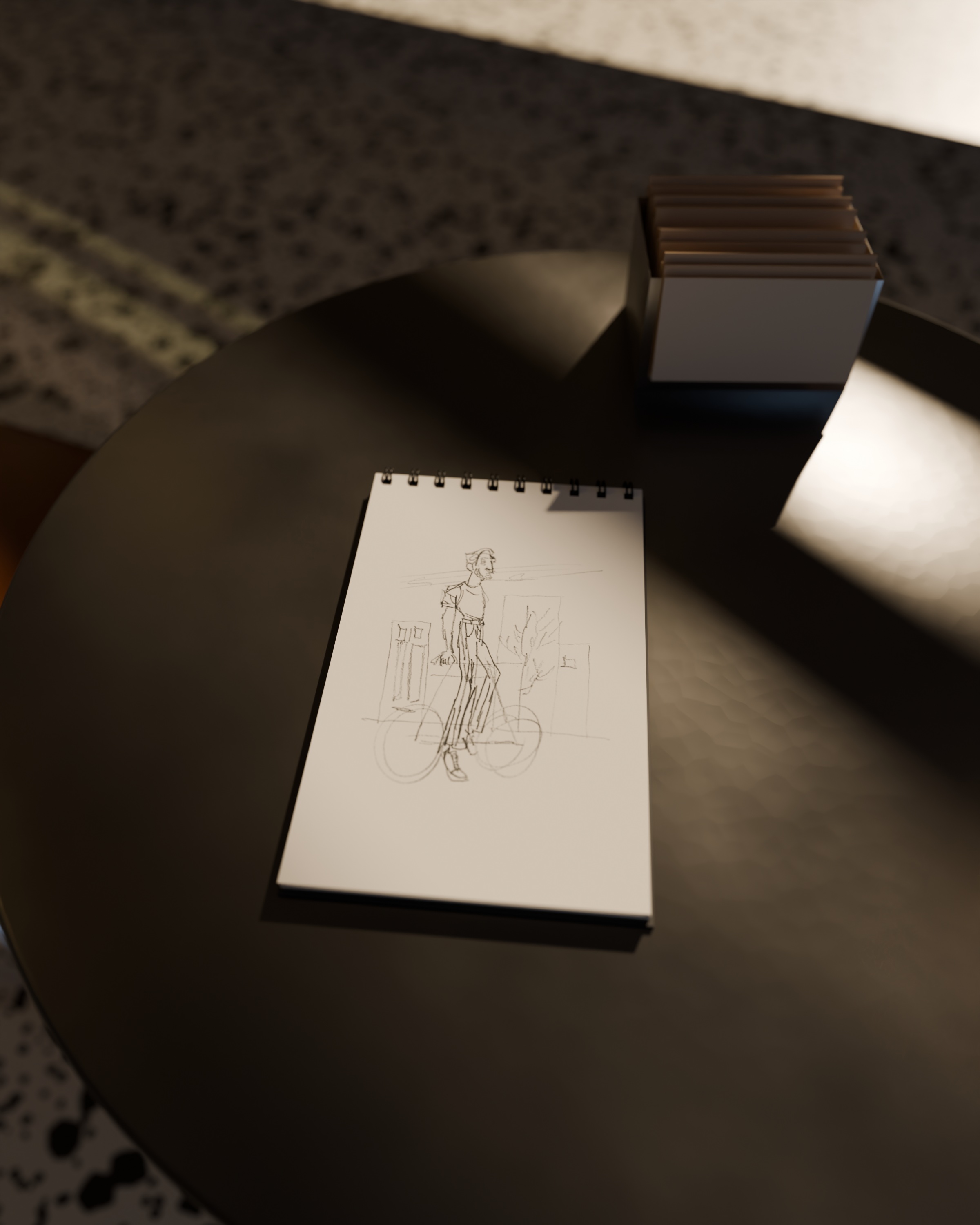 Teffi Traversi — pencil sketch of him with his bicycle, sketchbook on a café table