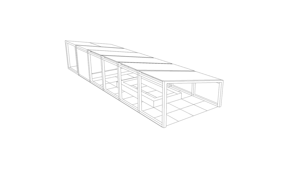 Axonometric animation from the 2020 proposal: the two blocks slide along the fixed timber frame into different positions.