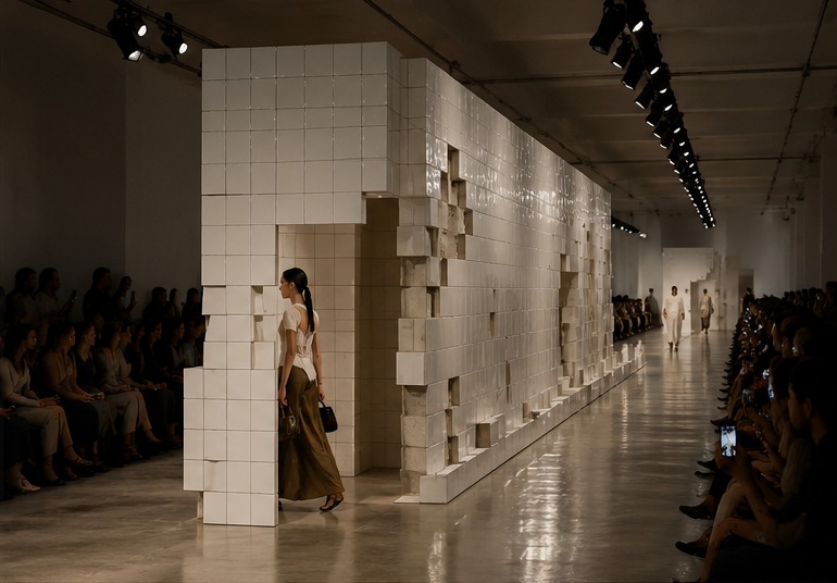 02. Side — the wall runs along the runway, tiles pushing out and falling away