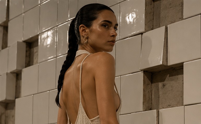 03. Close — a model against glossy tiles that have left the grid