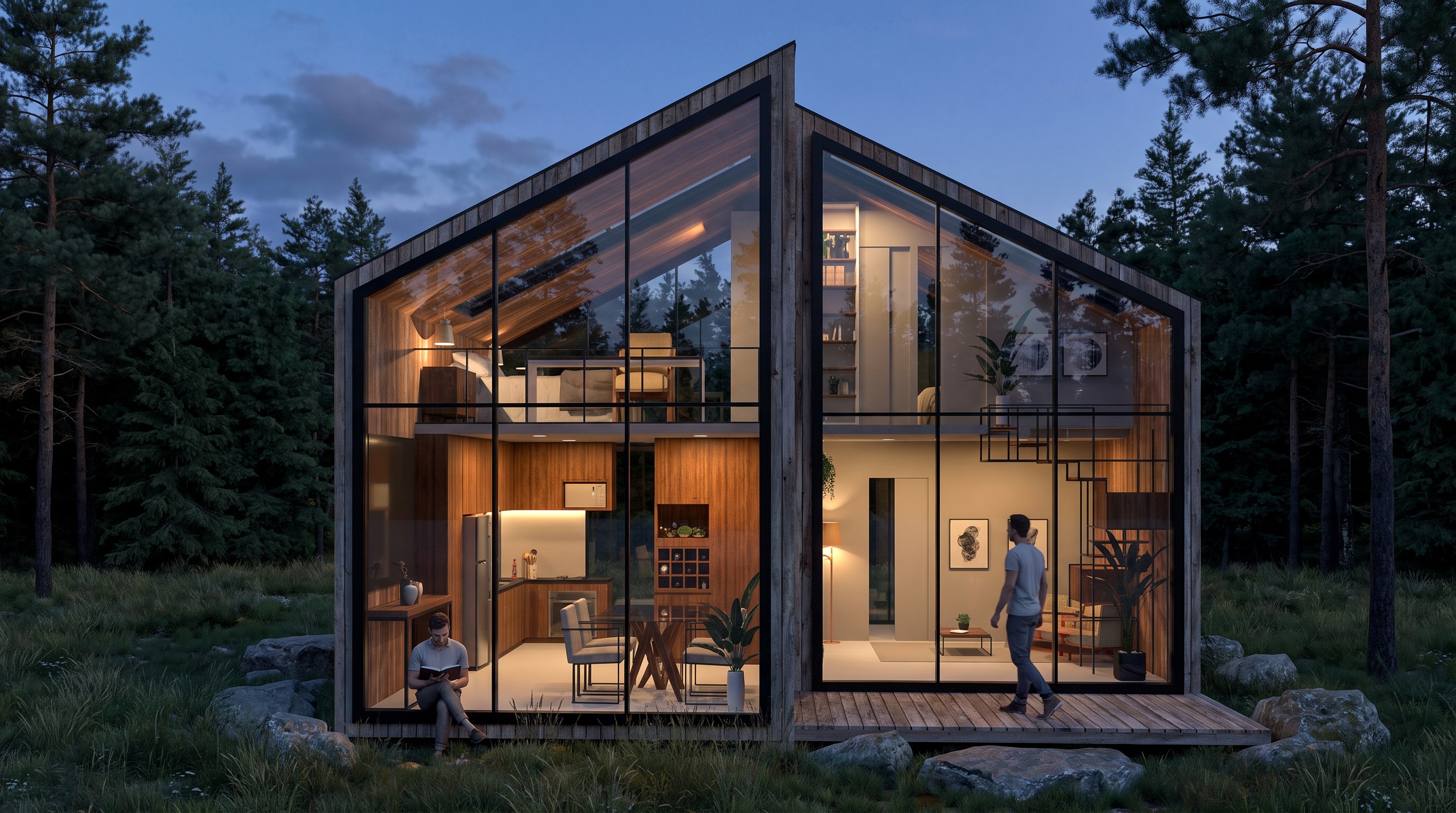 Two joined Tiny House WM modules at the edge of a pine forest at blue hour, the interior glowing warm through the glazed gables; one person reading on the step, another walking to the door