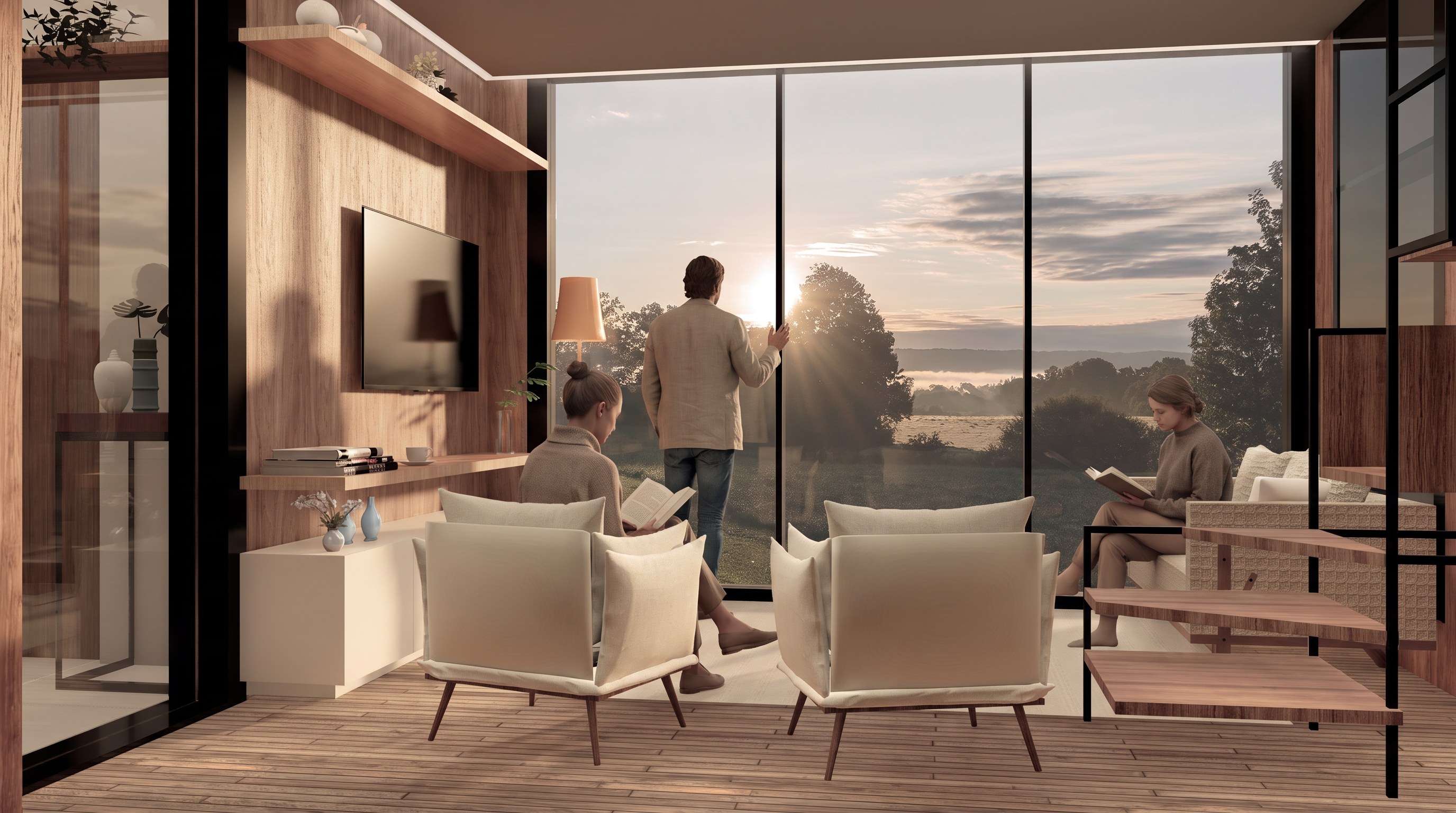 The living room at sunset: one person reading in an armchair, another at the glass with a hand on the frame, low sun through the full-height glazing