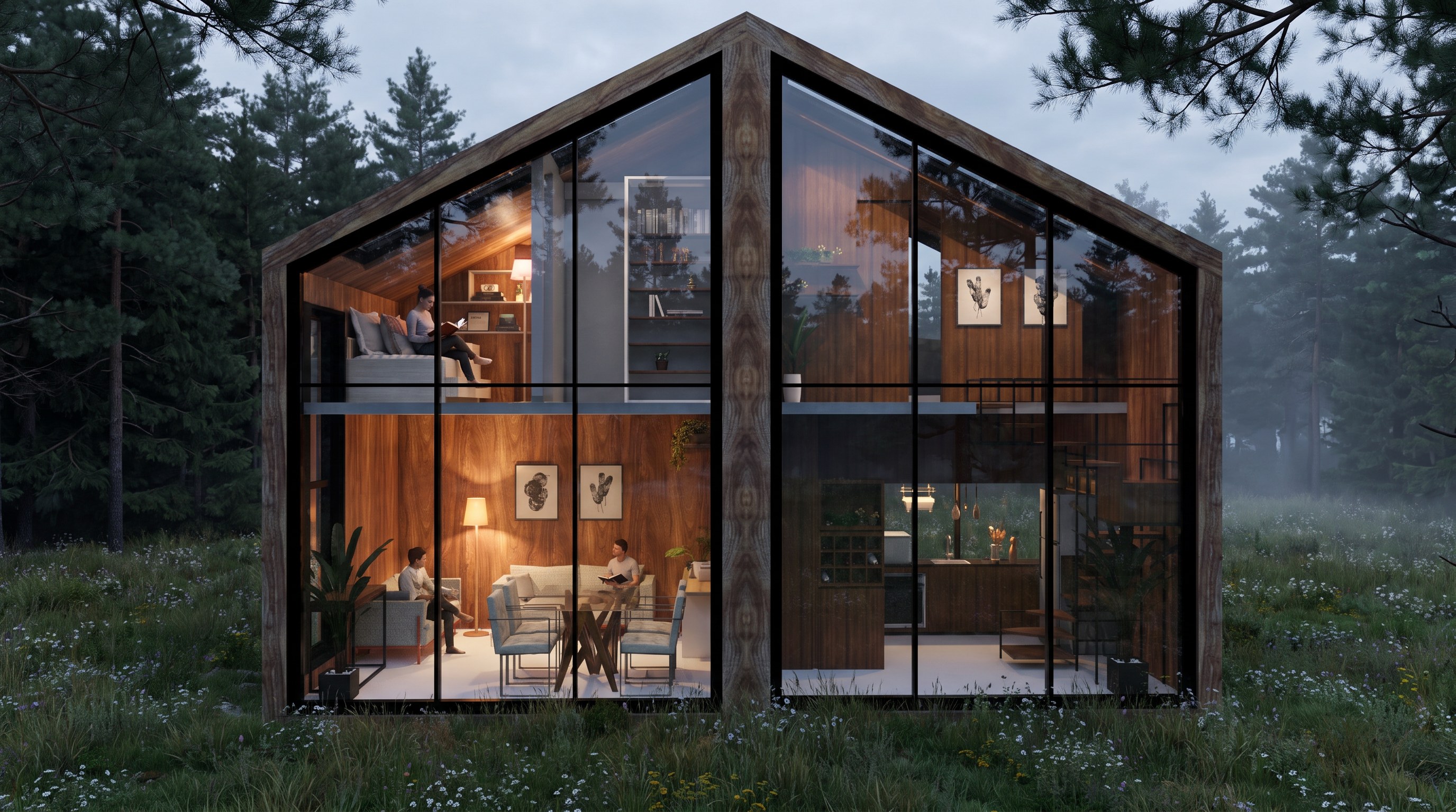 The two-bay Tiny House WM straight on in a meadow at dusk, pine forest and mist behind, lamps lit on both storeys