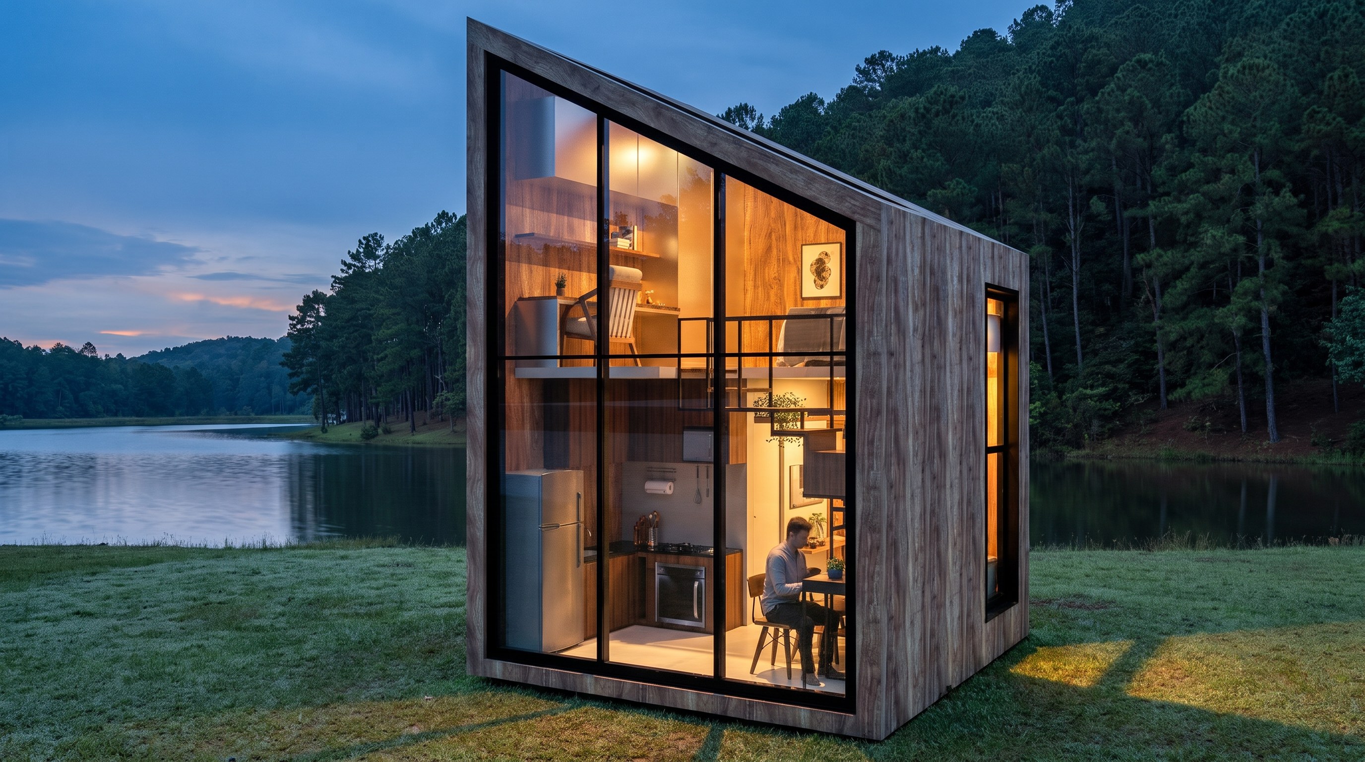 A single Tiny House WM module on the grass beside a lake at blue hour, someone at the table inside the lit glazing