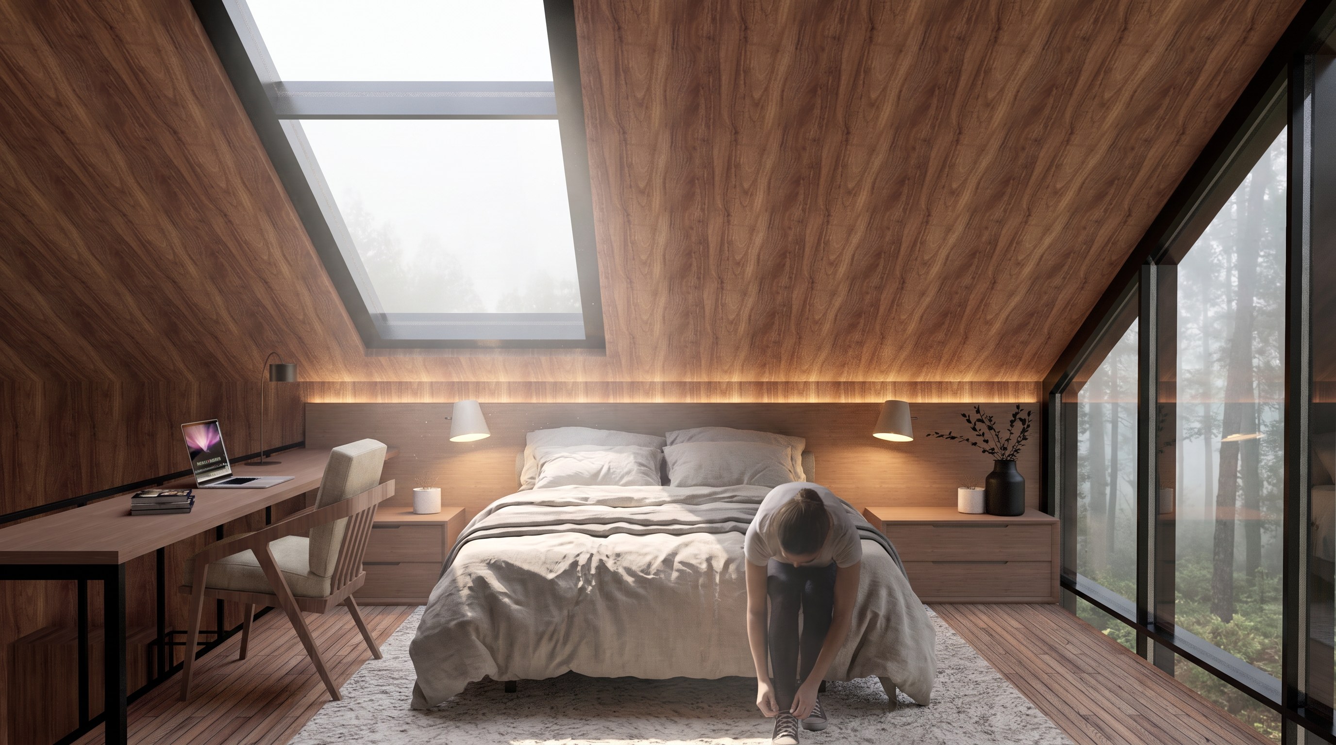 The bedroom under the timber roof in the morning: light from the skylight, mist and pines outside the window, someone tying their shoes on the edge of the bed