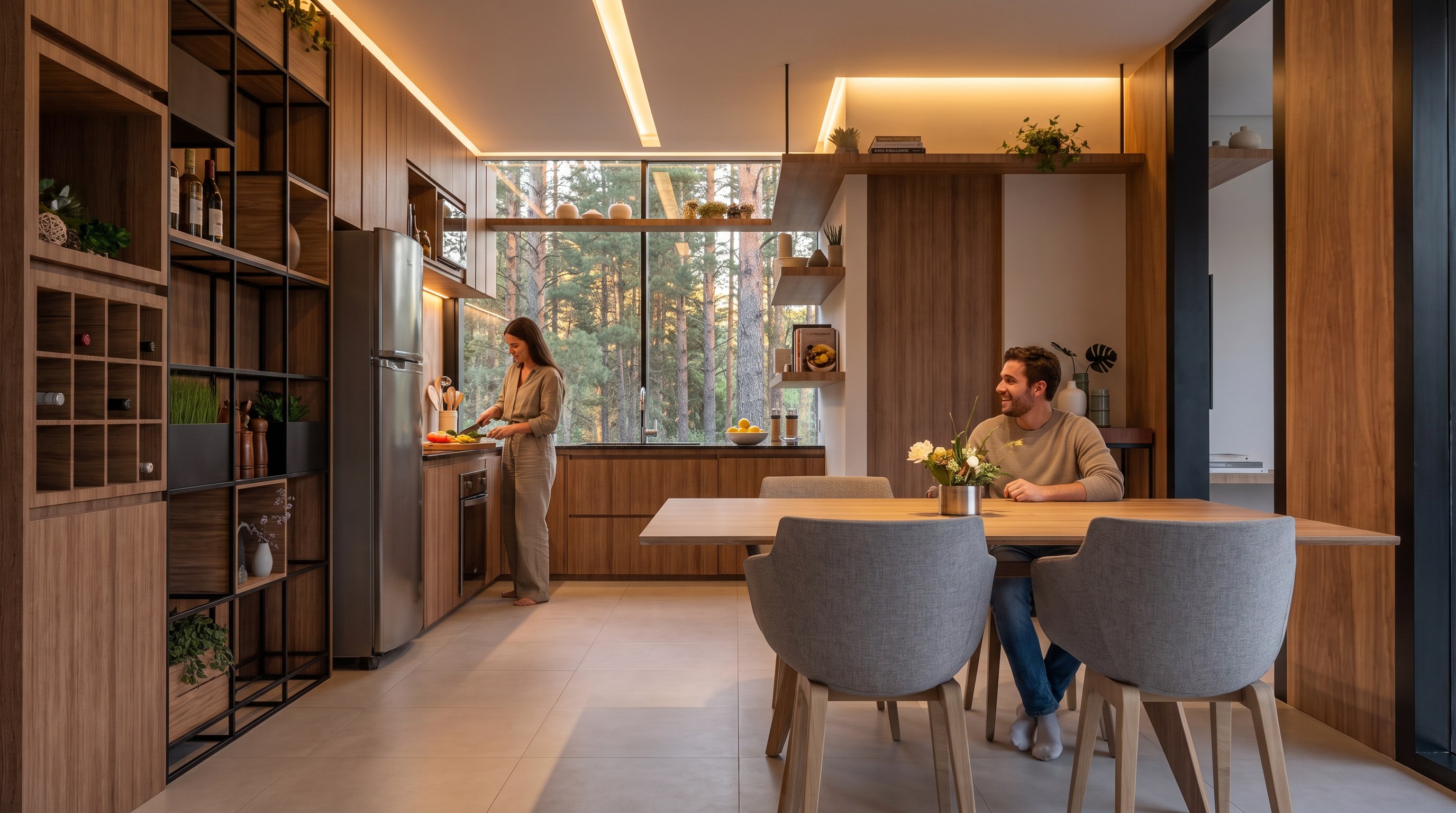 The kitchen in the evening: one person chopping vegetables at the counter, another at the table talking to them, pines through the window