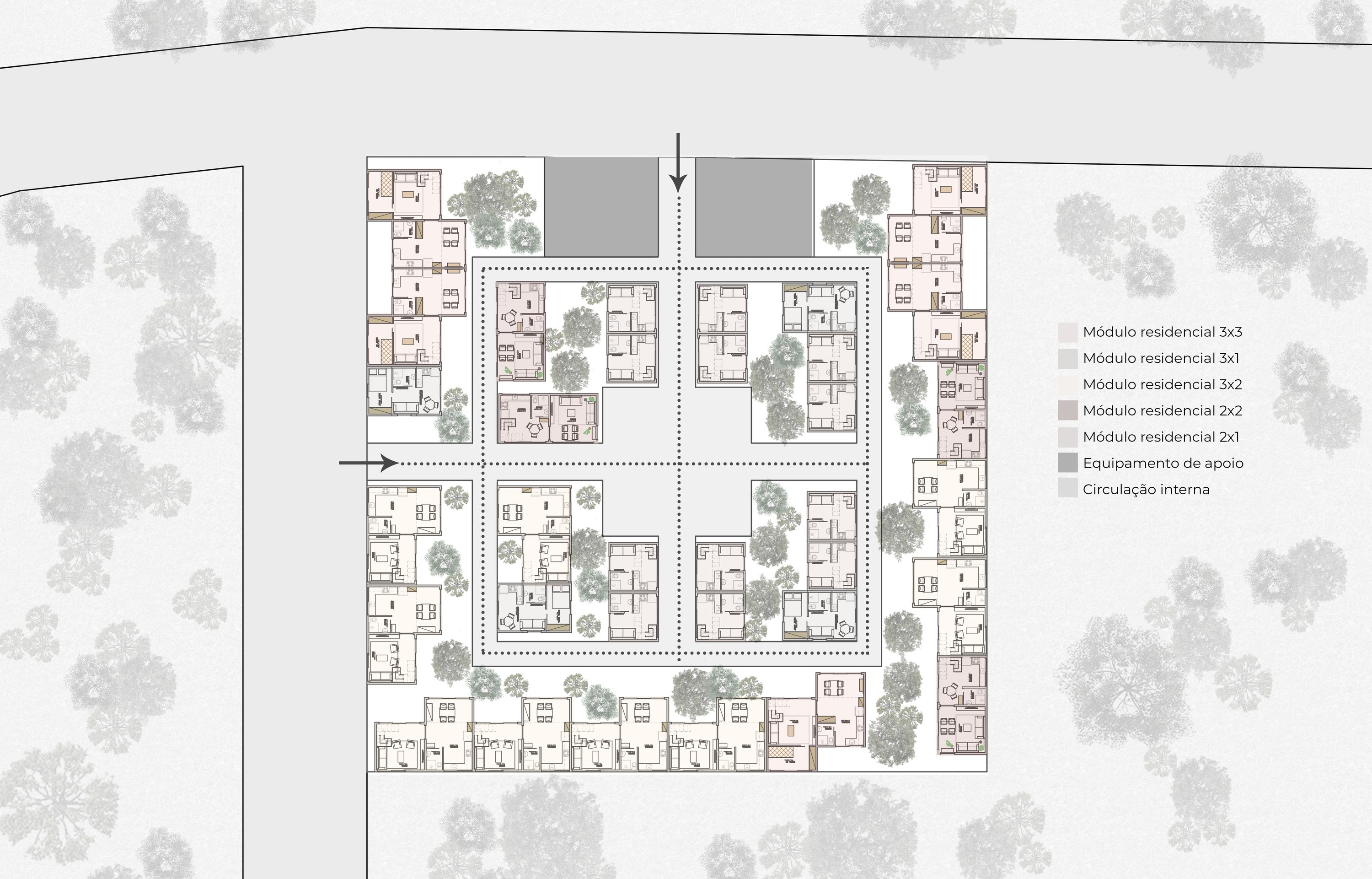 Preliminary site plan of a Tiny House WM neighbourhood: the five module types along the edges of a block and in four inner clusters, threaded by internal paths