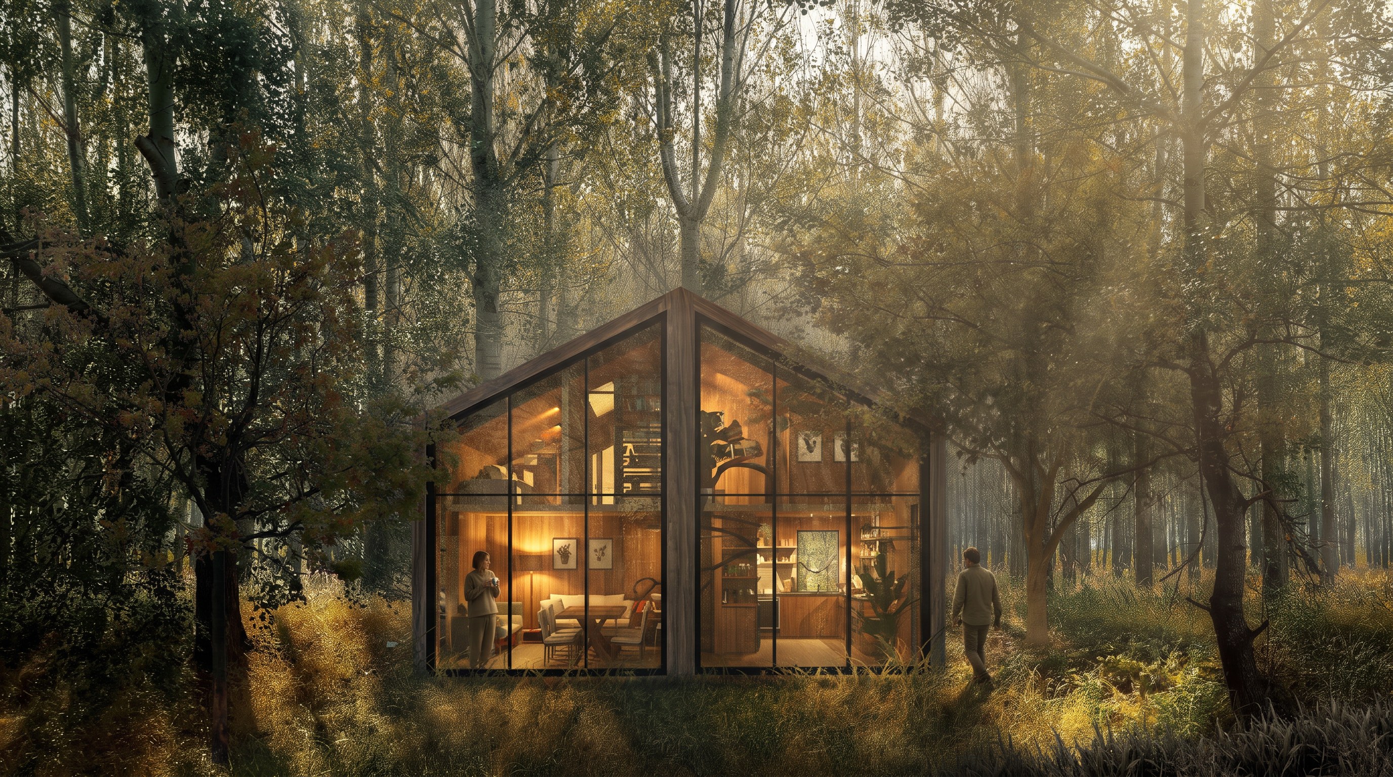 Tiny House WM in a forest clearing in late golden light, the interior lit warm behind the glazed gables; one person inside with a cup, another walking toward the house through the grass