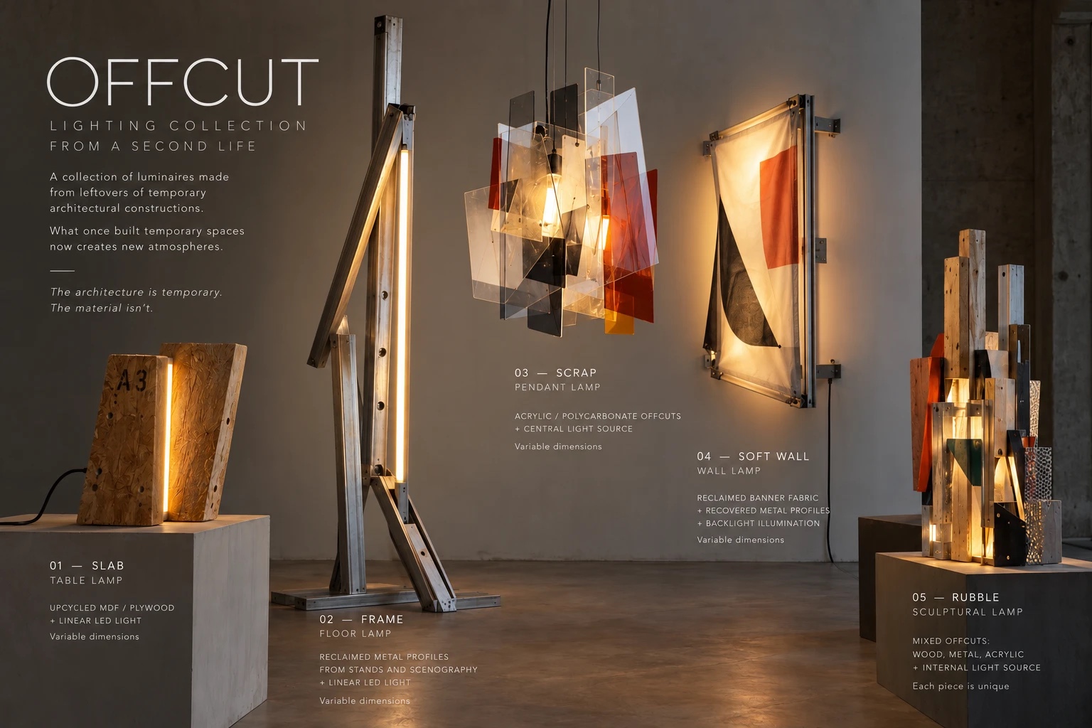 OFFCUT lighting collection: five lamps made from the offcuts of ephemeral architecture