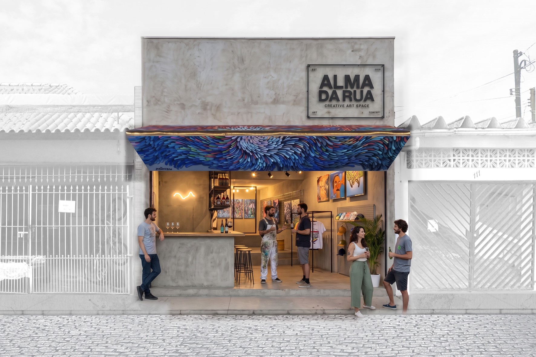 Gallery ADR at dusk on an opening night: the mural canopy strung with warm bulbs, a natural-wine bar and curated canvases inside, an artist in paint-marked overalls talking with guests, a couple on the kerb