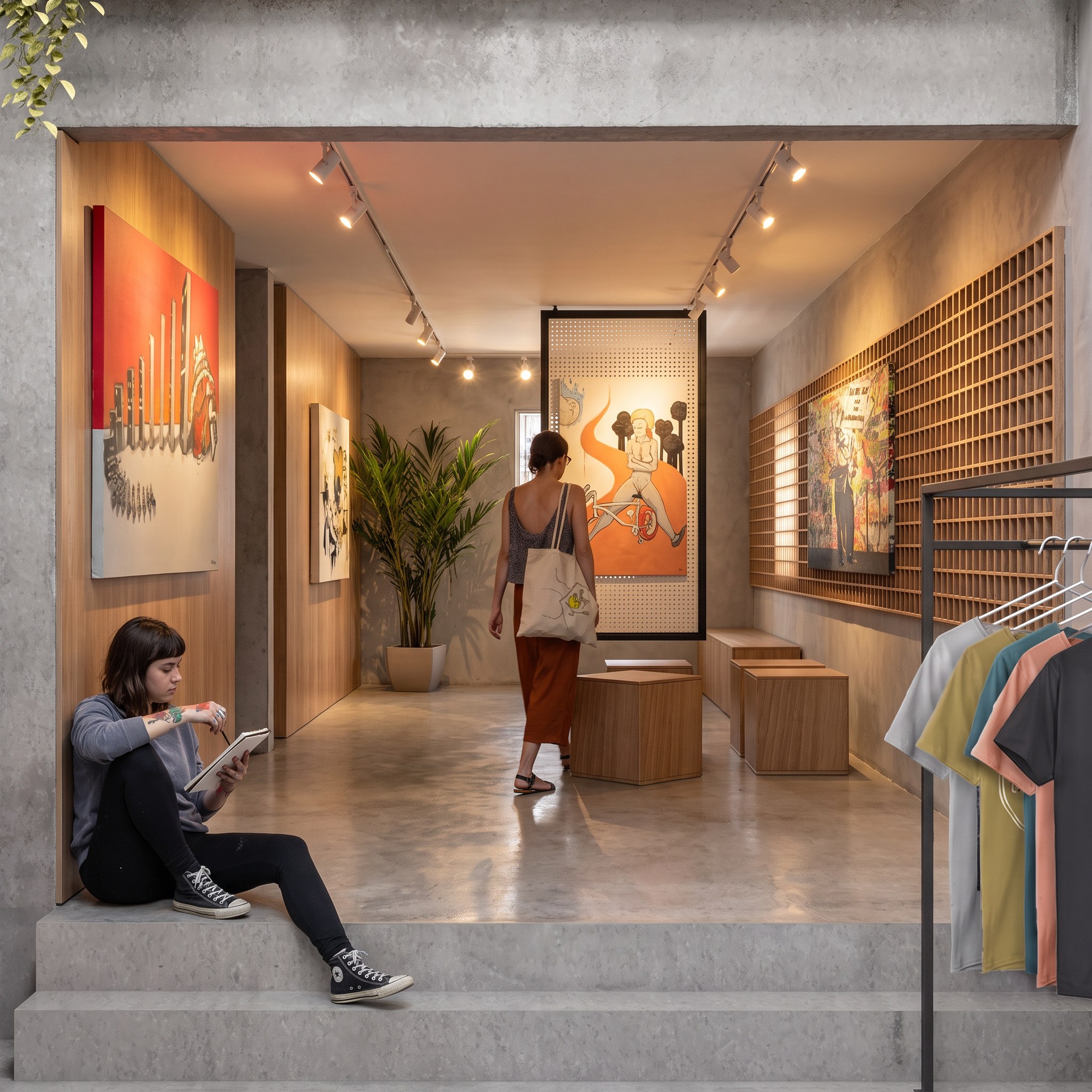 The gallery from the street step: track lights over curated canvases, the timber slat wall and the suspended perforated panel, a young artist sketching on the step while a visitor studies a work