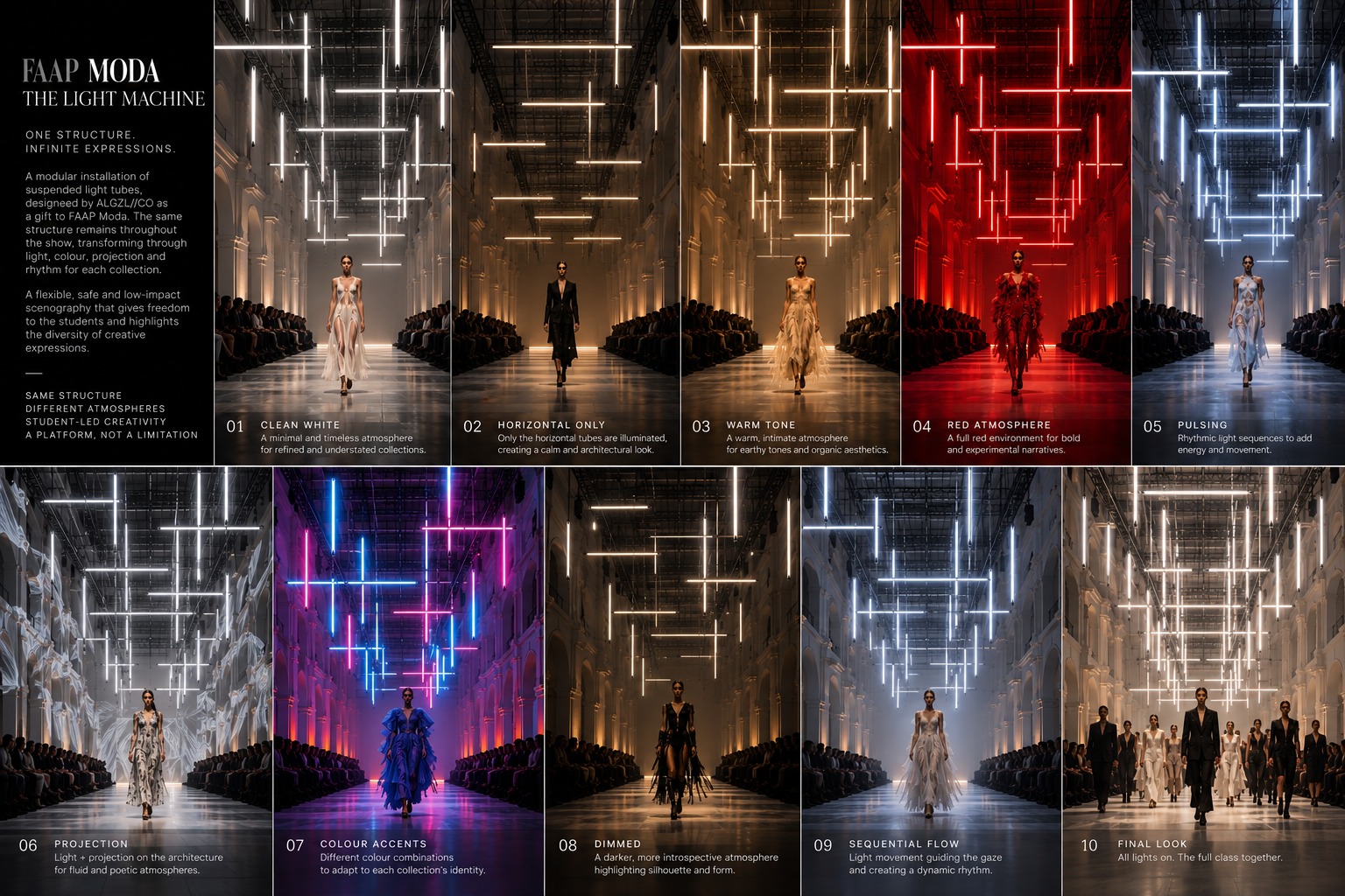 04. One structure, ten shows — horizontal only, warm, red, pulsing, projection, colour, dimmed, sequence, final look