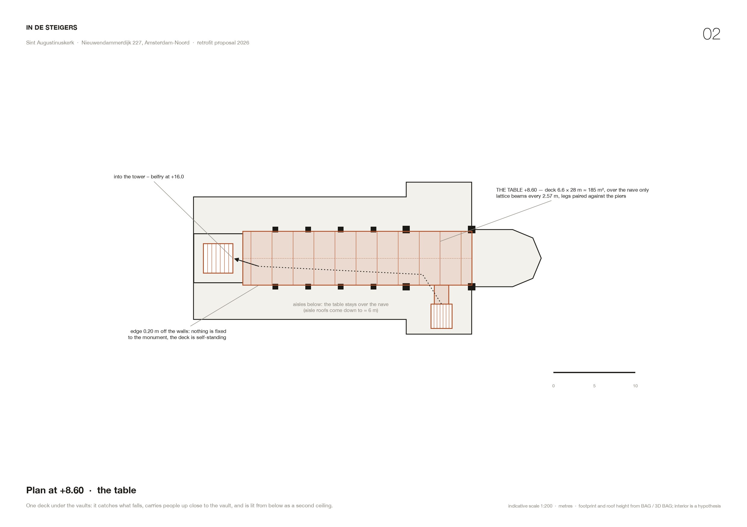 Plan at +8.60: the table over the nave, lattice girders every 2.57 m, the bridge from the stair tower and the way into the tower