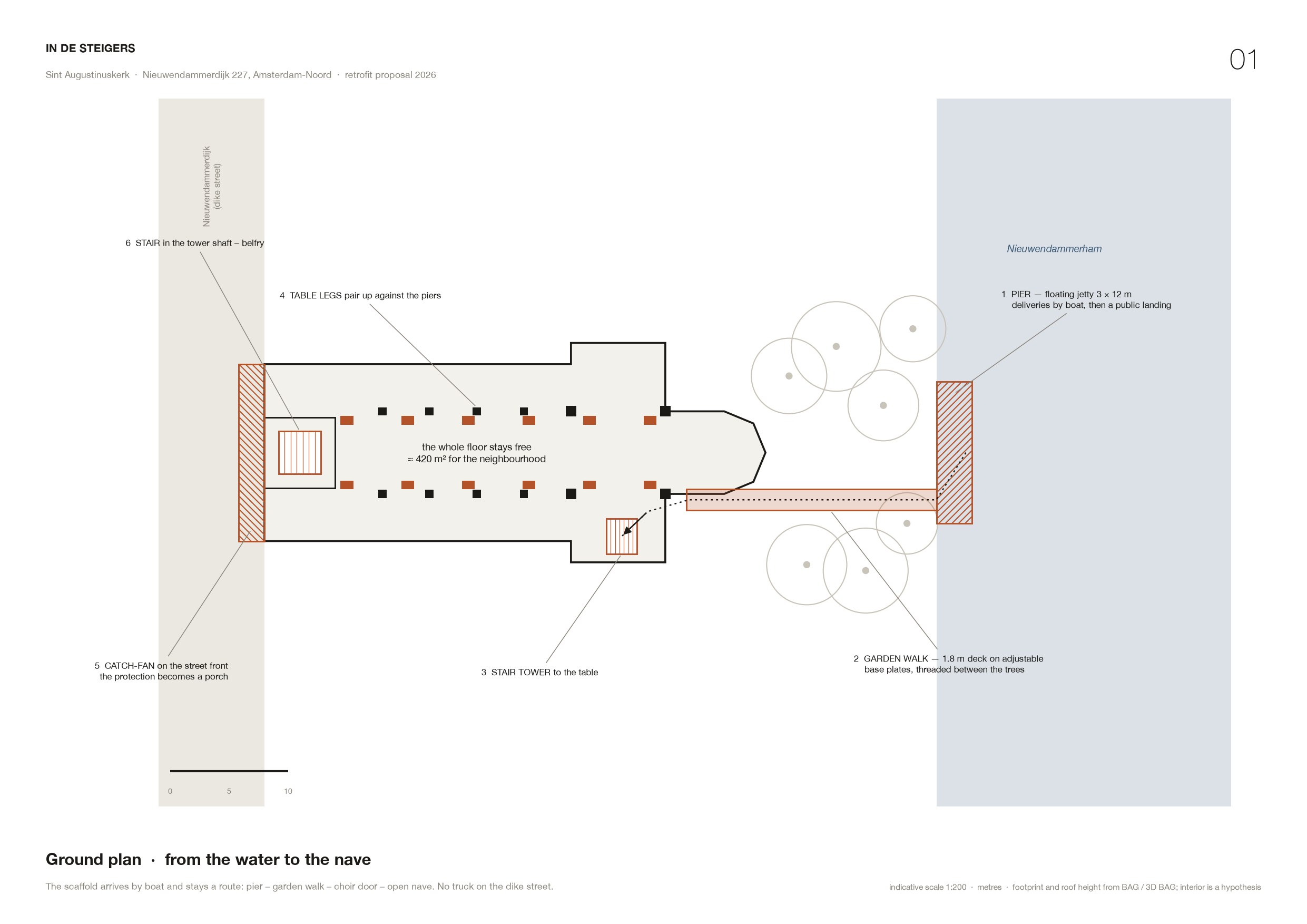 Ground plan: pier, garden walk, choir door, stair tower, table legs and catch-fan; the whole floor stays free