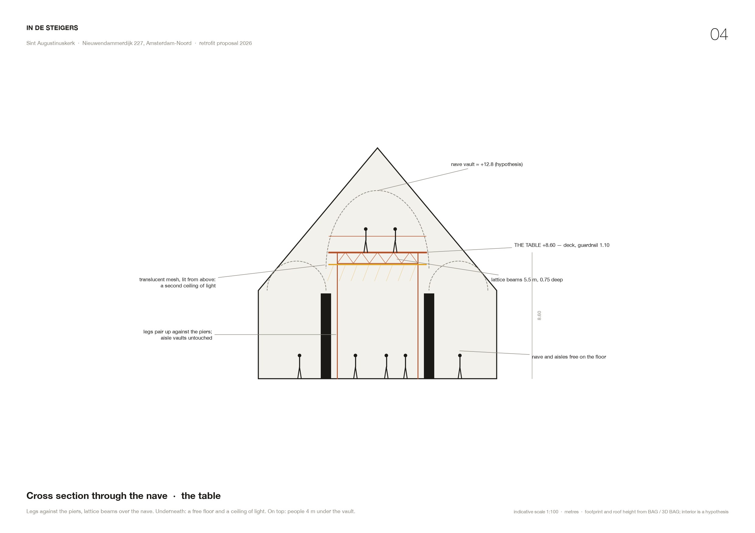 Cross section through the nave: legs against the piers, lattice girders, lit fabric underneath, people on the deck