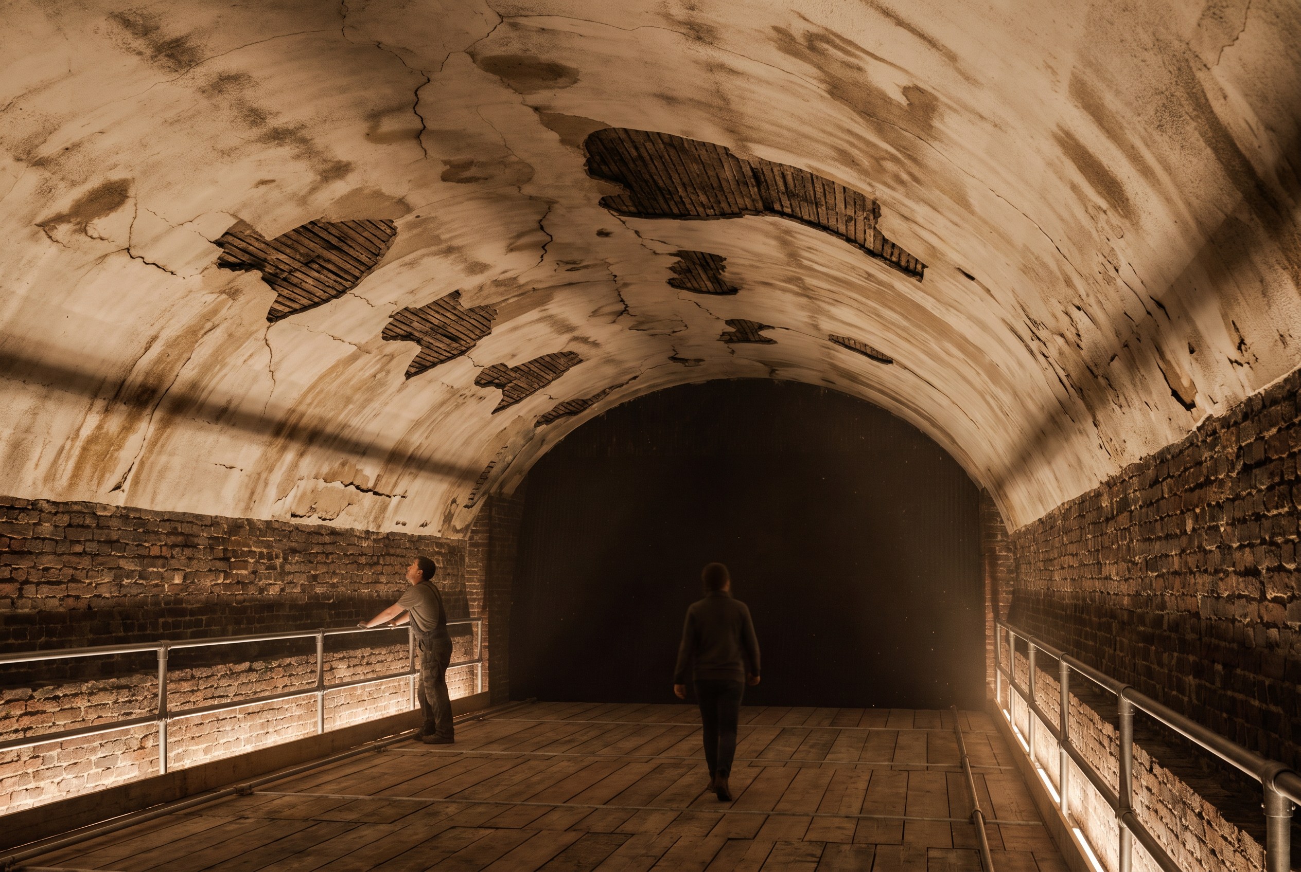 On top of the table, four metres under the cracked plaster vault, laths showing where the plaster has fallen