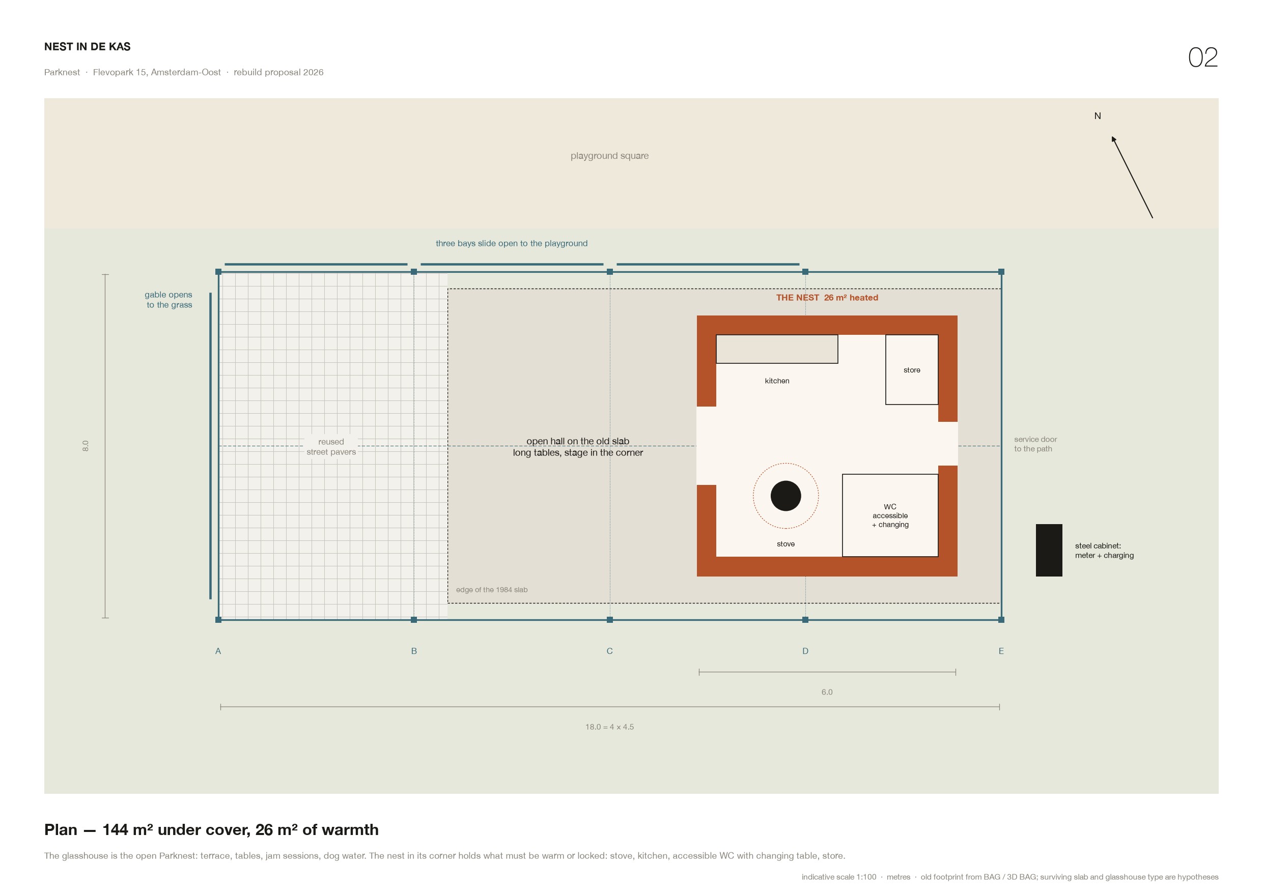 Sheet 02, plan: 144 m² under cover, 26 m² of warmth