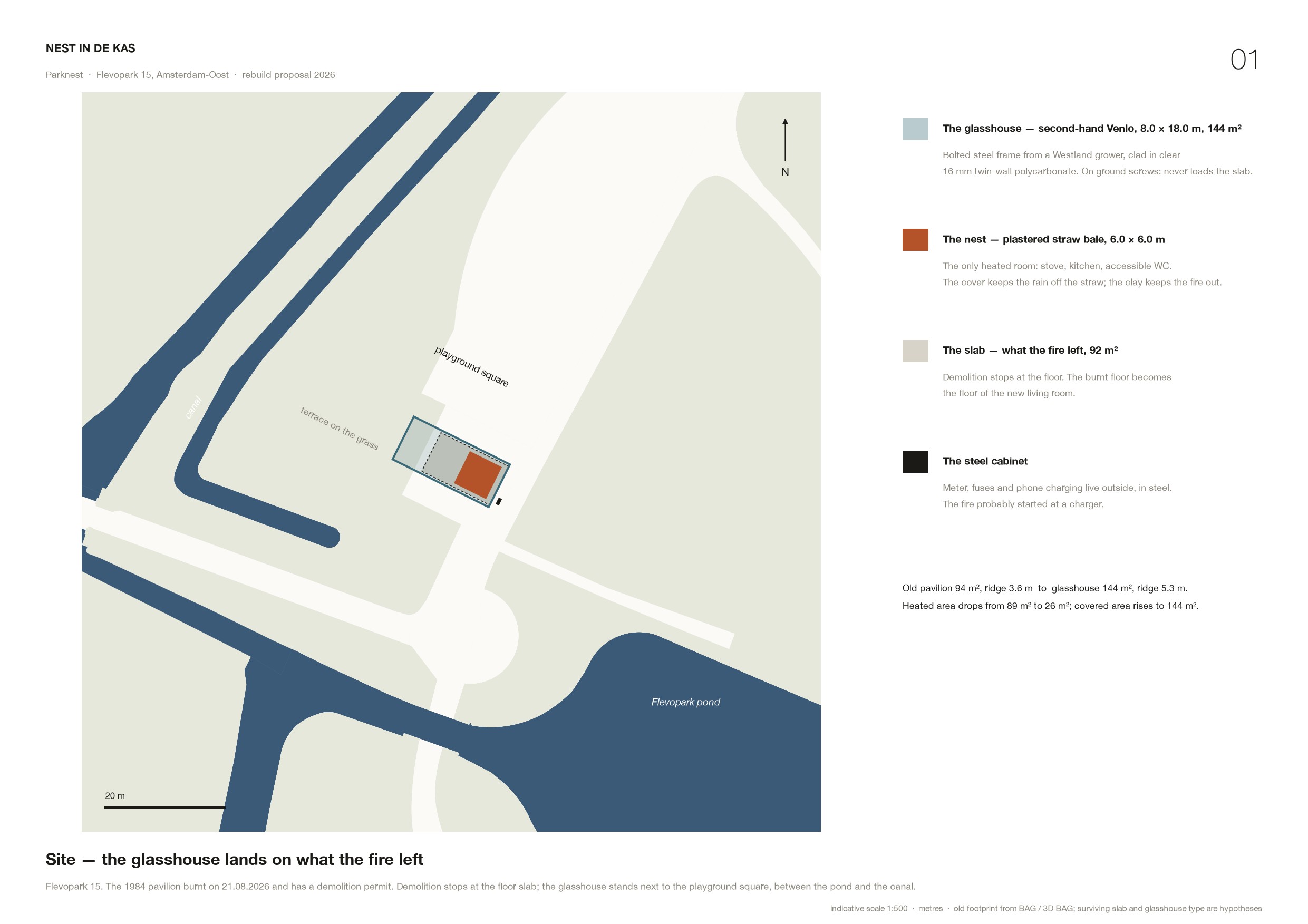 Sheet 01, site: the glasshouse over the slab the fire left, between the playground, the pond and the canal