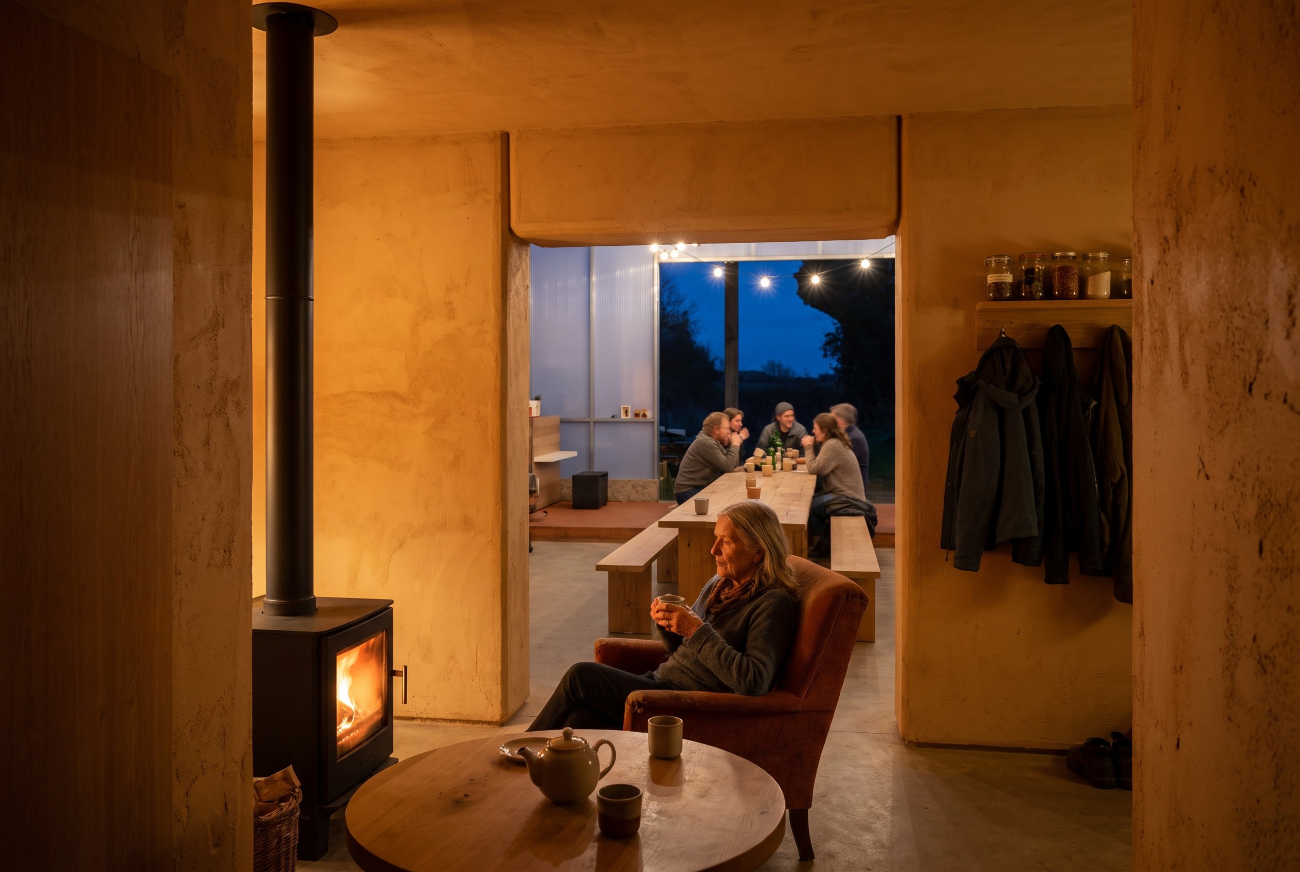 Inside the nest: a neighbour by the wood stove, the thick clay doorway opening onto the long table in the hall