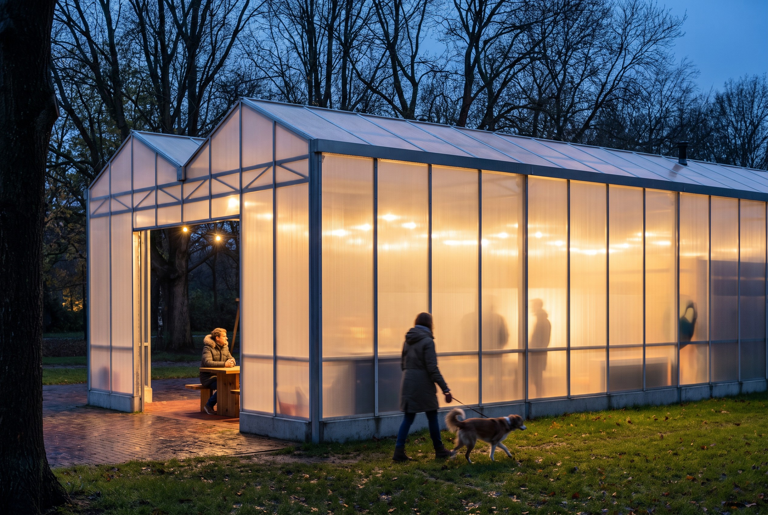 From the grass: the second-hand Venlo glasshouse glowing through its twin-wall polycarbonate at blue hour