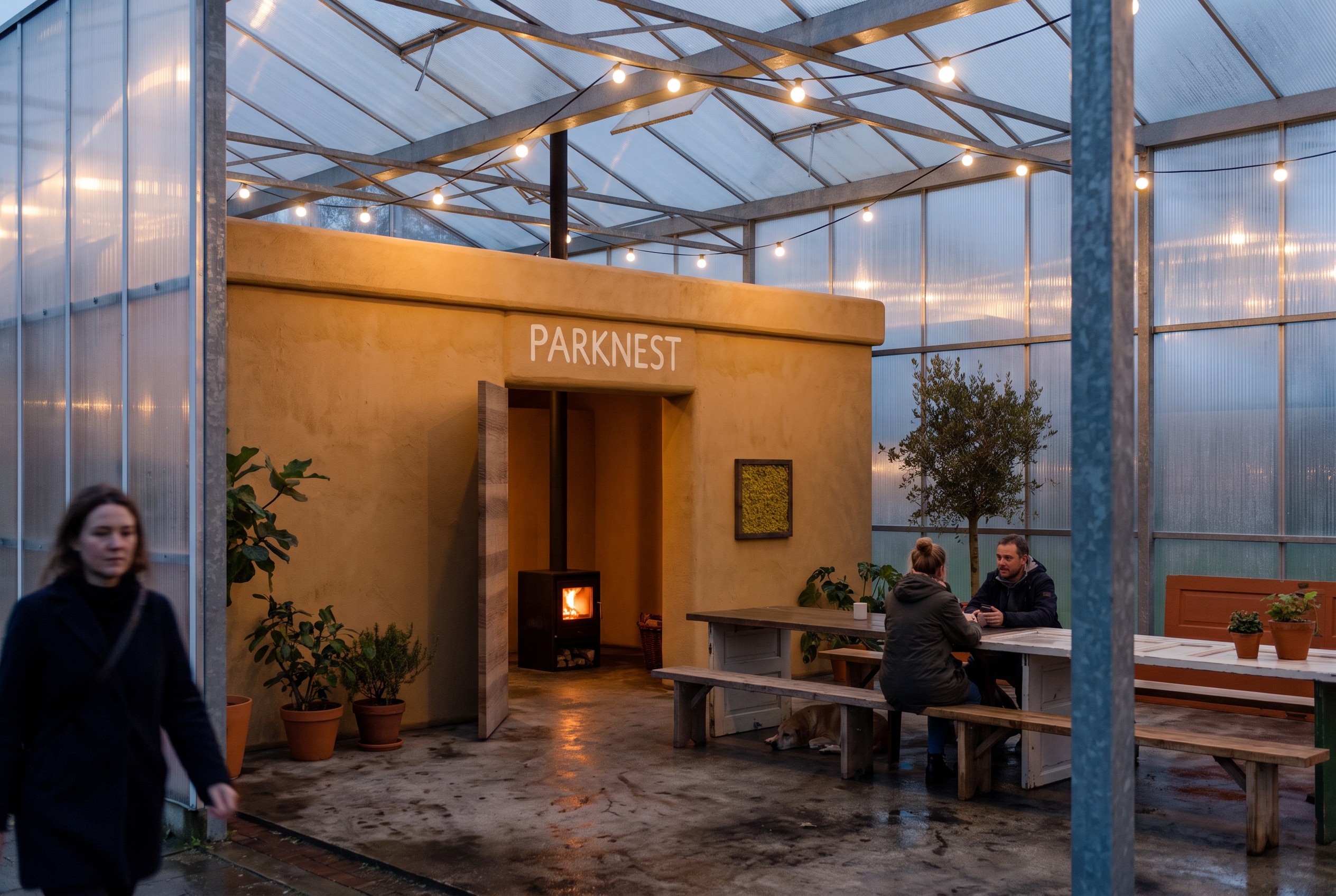 Nest in de Kas: the clay nest with PARKNEST painted over the door, a wood stove glowing inside, neighbours at a long table under string lights in a polycarbonate glasshouse at blue hour