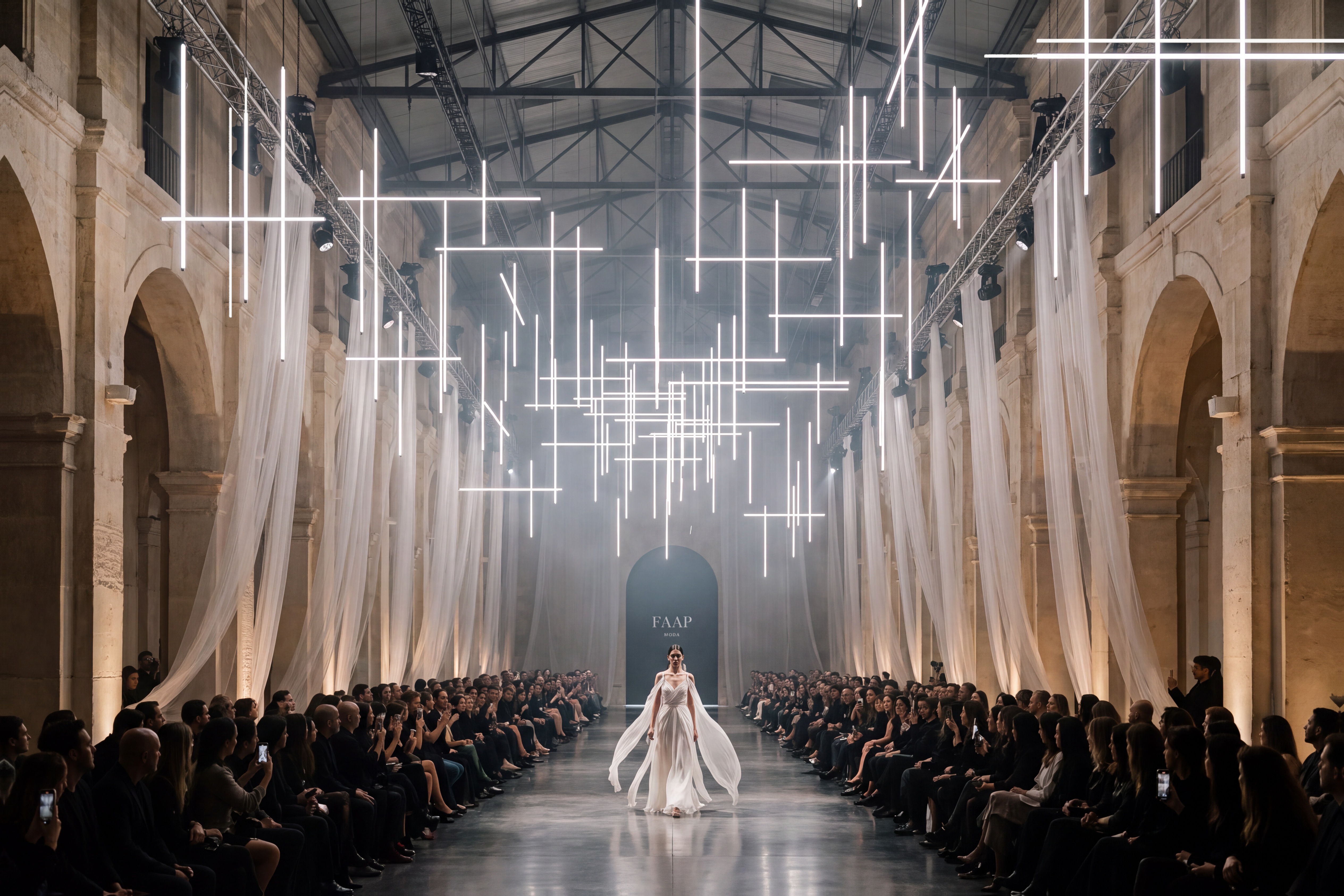 A model in white chiffon walks under a fixed grid of thin LED bars, sheer tulle hanging in a stone hall