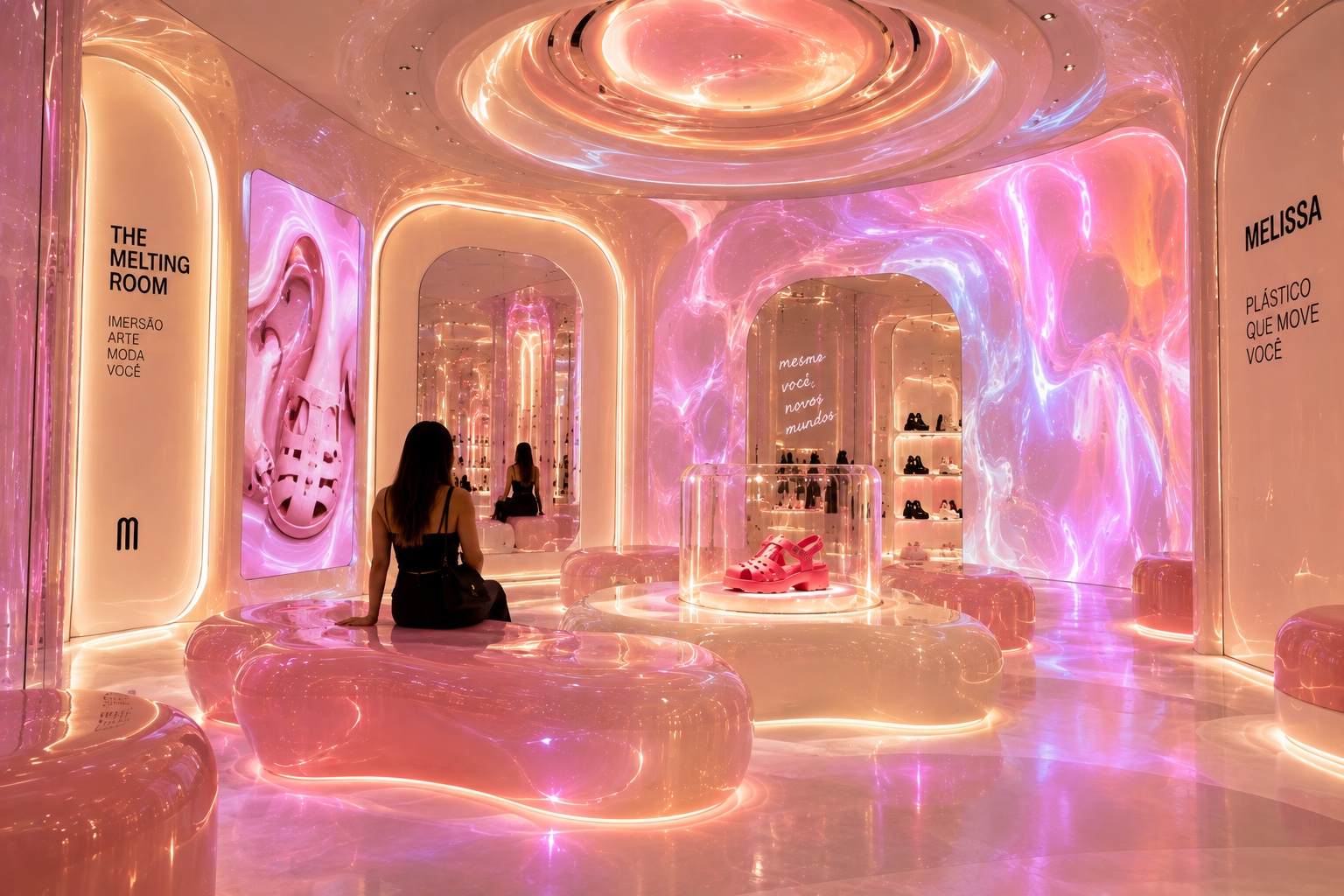01. The Melting Room — soft benches, projected liquid walls and one sandal under a clear dome