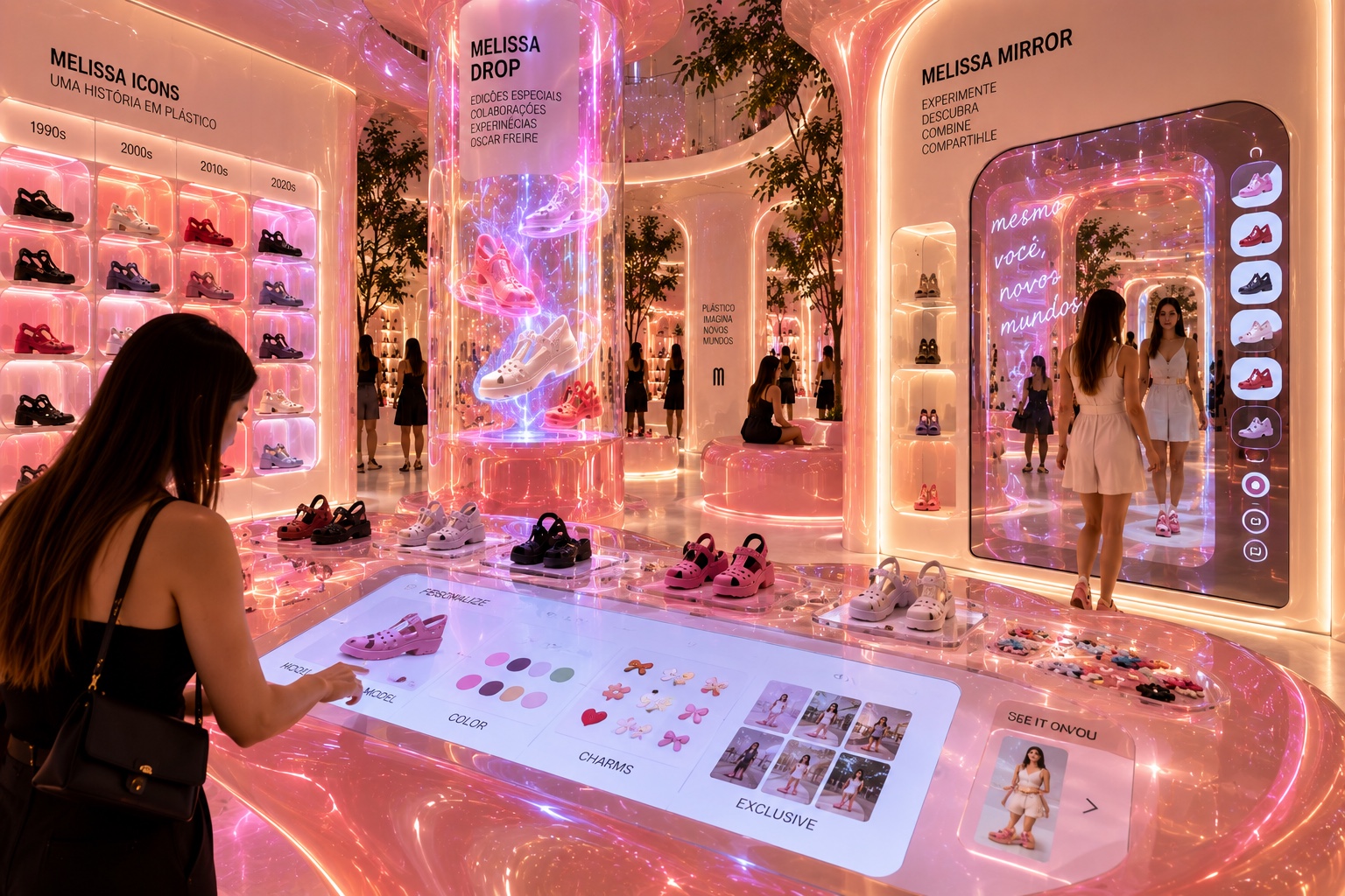 02. Melissa Lab — a customisation table with colours and charms, the Icons wall by decade and the Melissa Drop tower behind