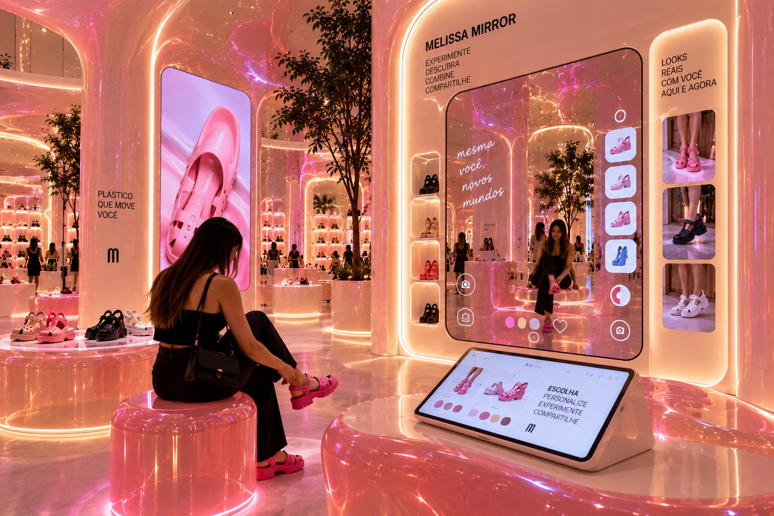 03. Melissa Mirror — a woman tries on pink sandals in front of a smart mirror that shows real looks from other customers